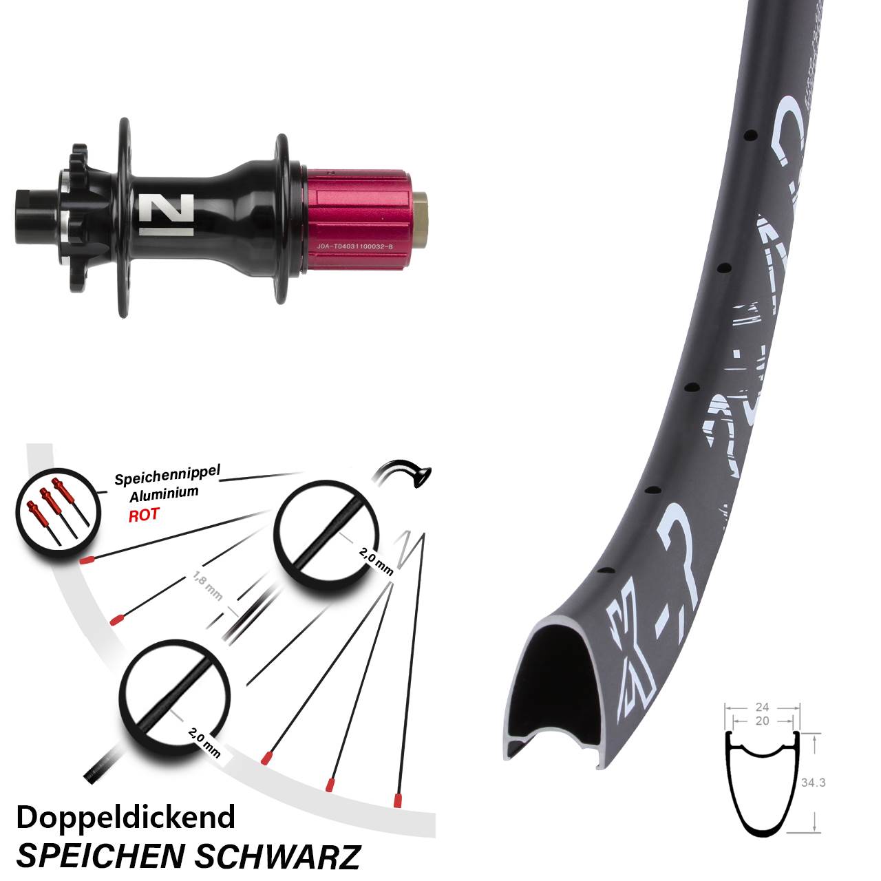 schwarzes 28-29 Zoll Hinterrad KX-R Road 35 mm hoch Novatec D792 Disc 6-loch 8-12 fach