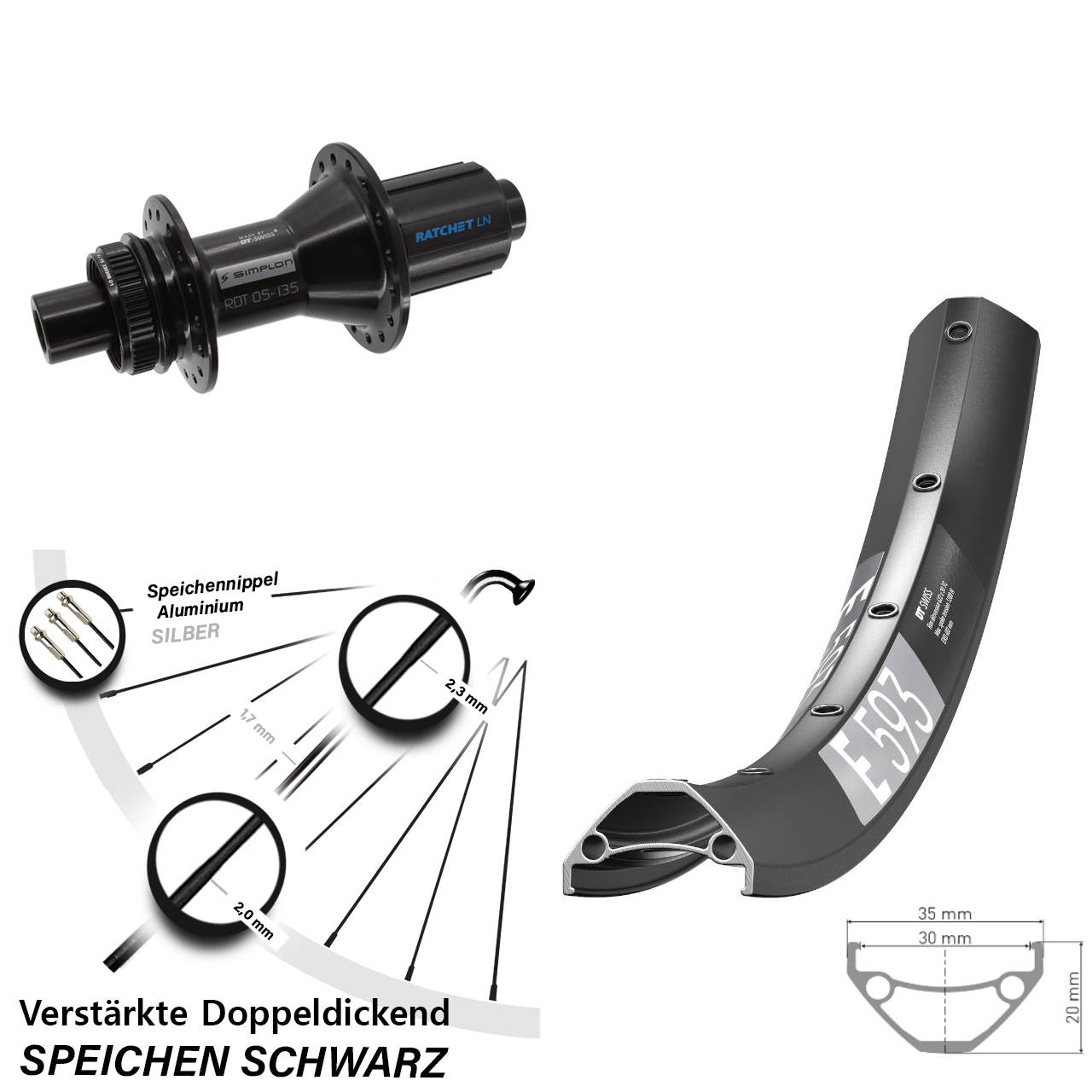 29 Zoll DT Swiss E593-370 Hybrid Centerlock Hinterrad 12x142 8-11 fach HG