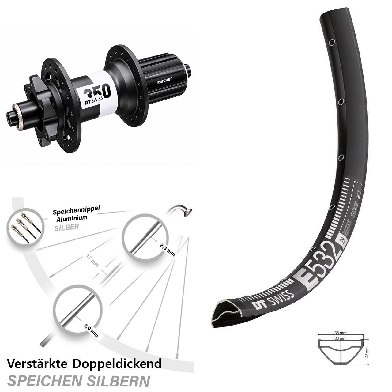 6-Loch Hinterrad 29 Zoll DT Swiss E 532-350 Ratchet 36 8-11 fach HG QR