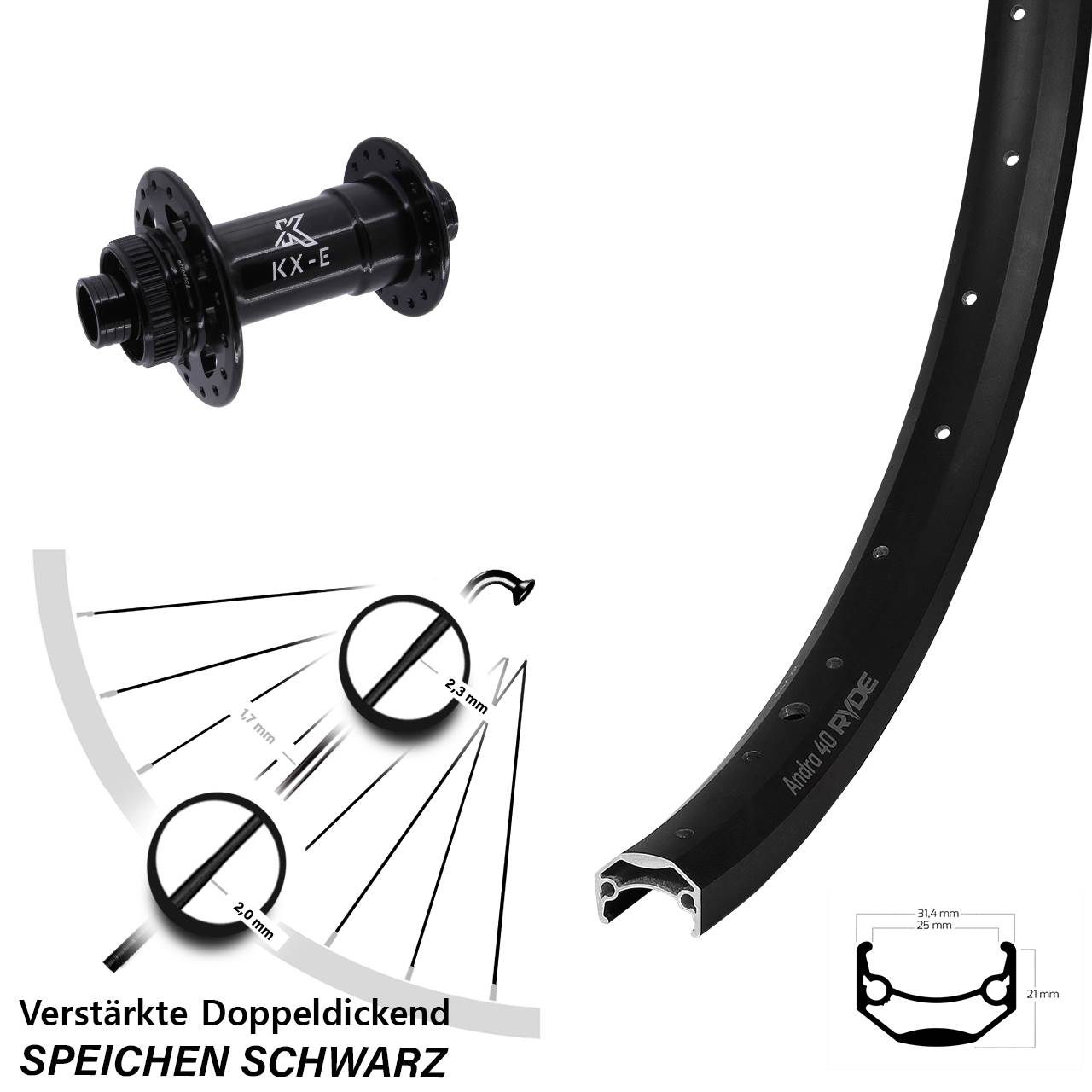 650B Ryde Andra 40 KX-E Heavy Duty Vorderrad Centerlock 15x110 Boost