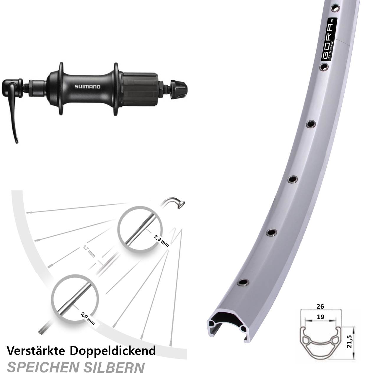 Gora 19 Shimano FH-T3000 28 Zoll Hinterrad QR 8-11 fach