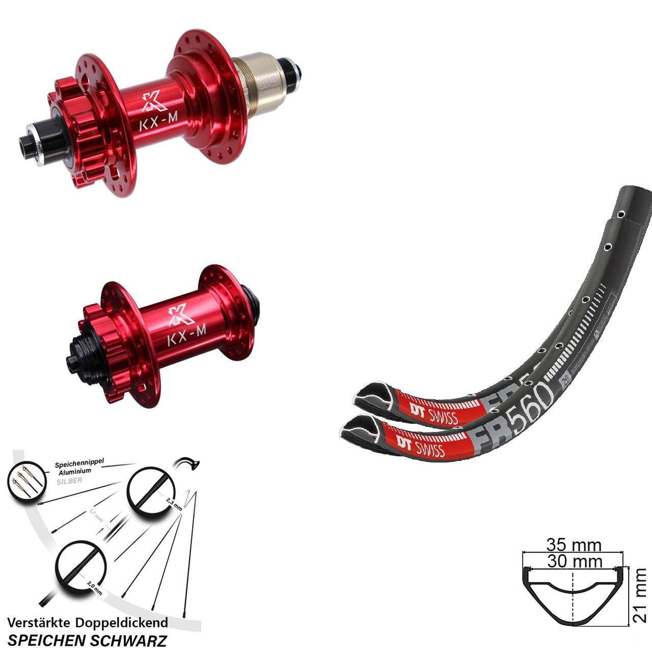 6-Loch Laufradsatz 26 Zoll DT Swiss FR560 KX-M rot XD 11-12 fach QR