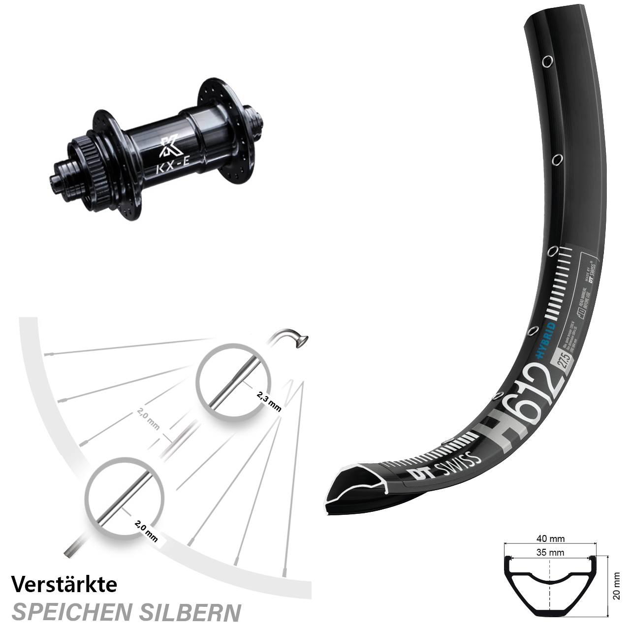 Vorderrad Centerlock 27,5 Zoll DT Swiss H 612 KX-E Heavy Duty QR