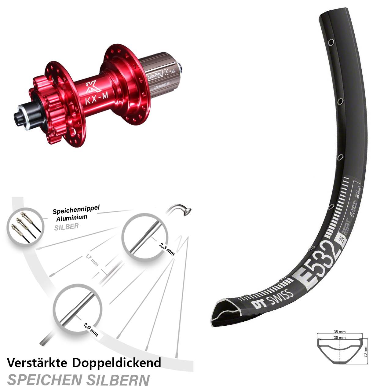 Disc Laufrad 29 Zoll DT Swiss E532 KX-M rot 8-12 fach für Schnellspanner