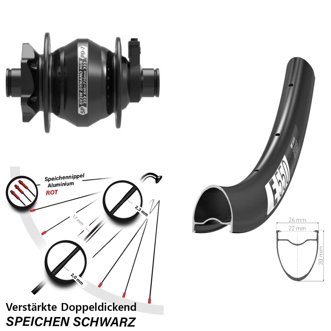 Nabendynamovorderrad 6-Loch 28 Zoll DT Swiss E 550 Shutter PD-7 12x100