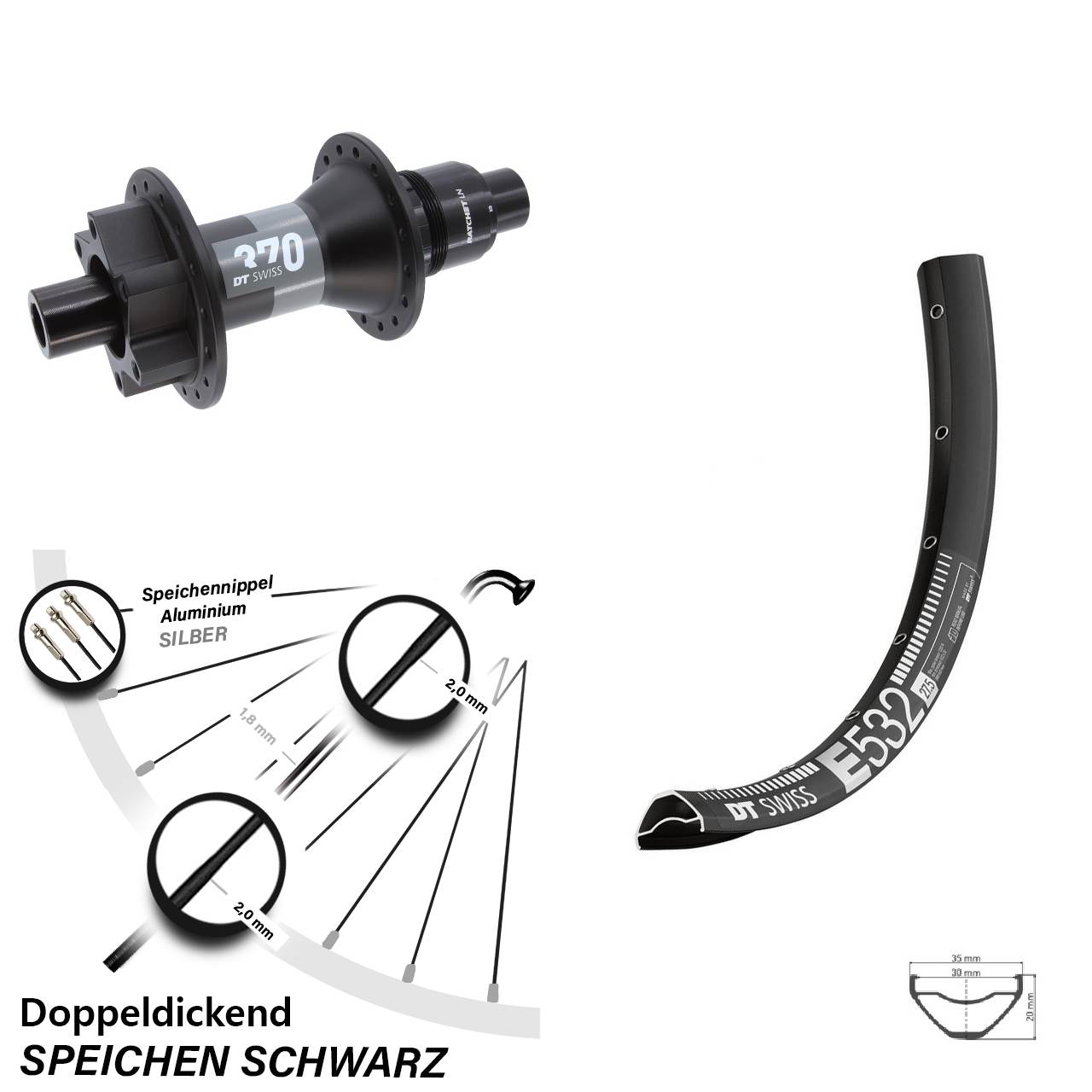 DT Swiss E 532 27,5 Zoll Hinterrad 370 6-Loch XD 12x148