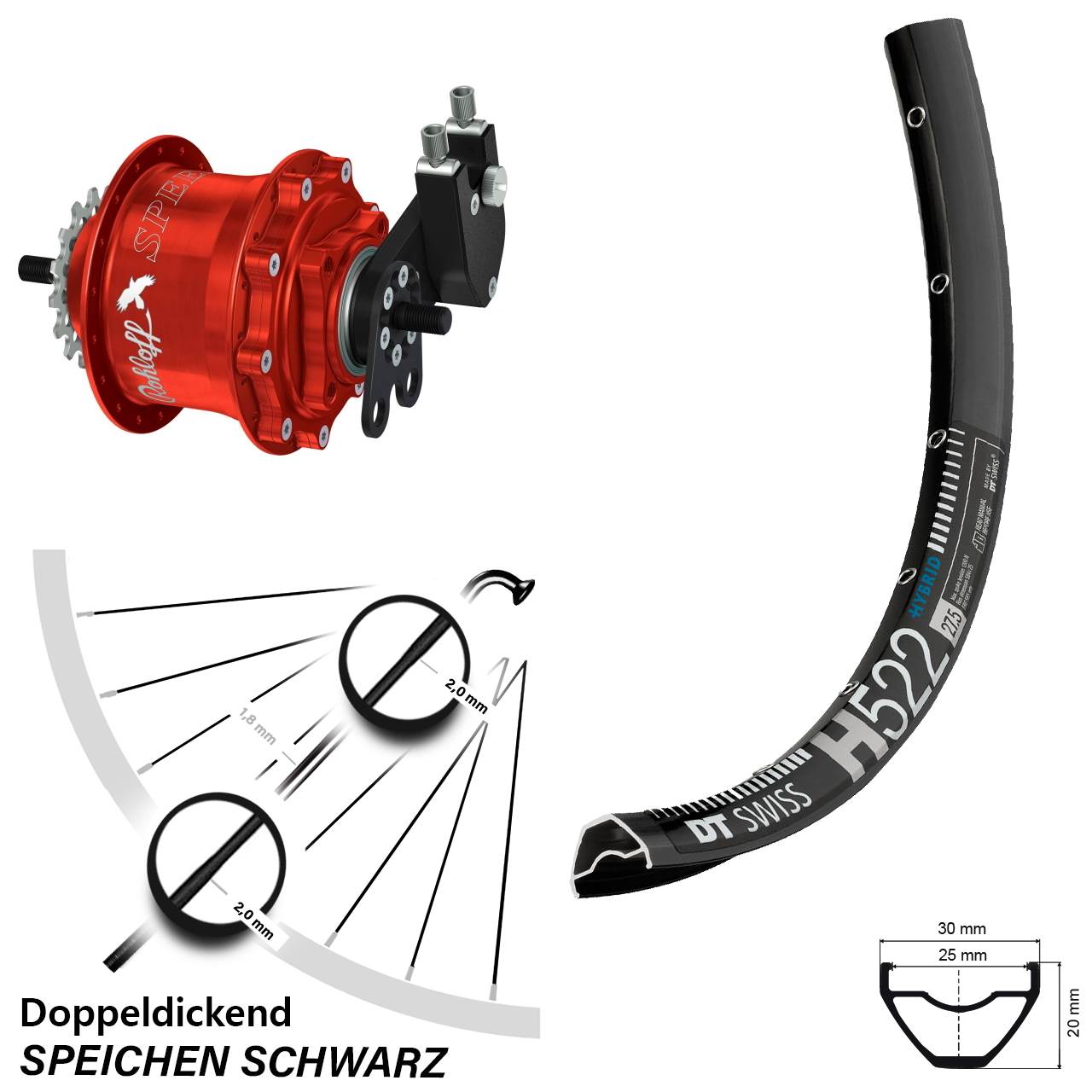 Disc Hinterrrad 29 Zoll DT Swiss H 522 Rohloff Speedhub TS DB Tandem rot