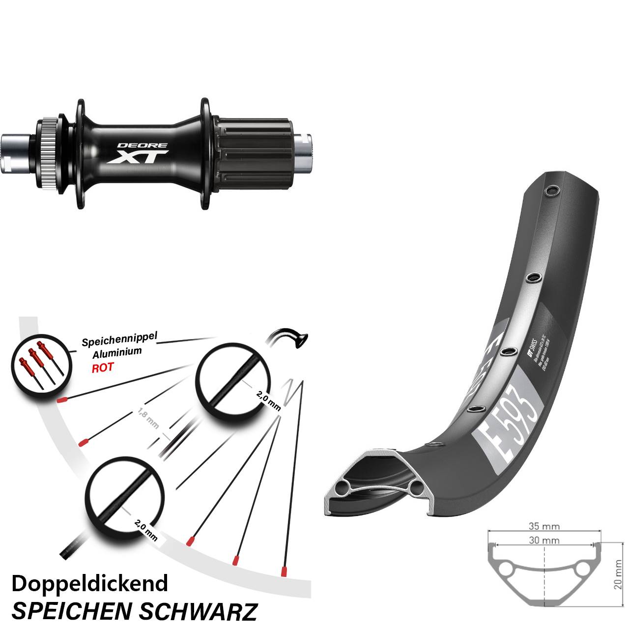 29 Zoll DT Swiss E593 Shimano XT Disc Hinterrad 12x148 8-11 fach HG