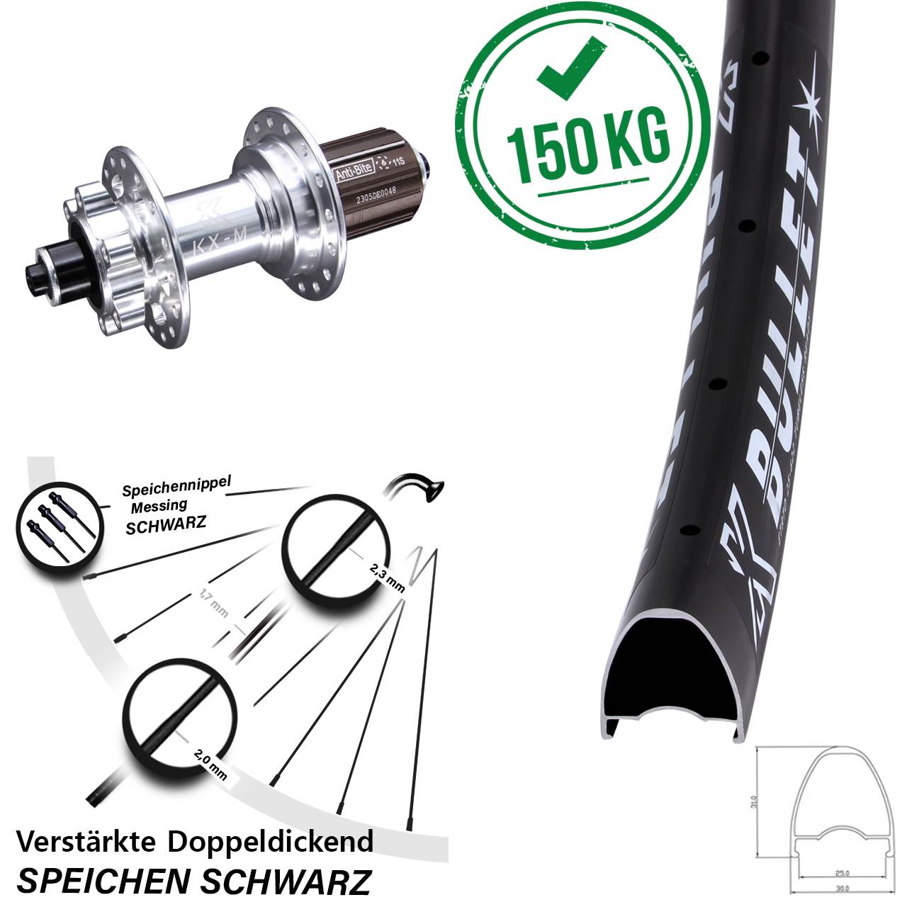 28-29 Zoll KX-M Bullet 6-Loch Hinterrad QR 8-12 fach HG