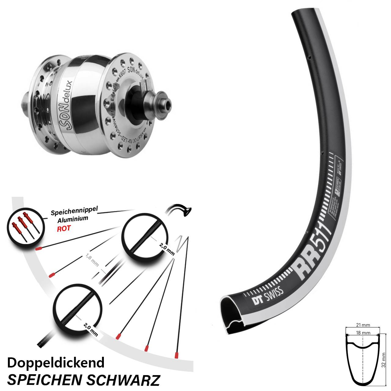 28 Zoll DT Swiss RR511 SON delux Vorderrad mit Nabendynamo für Schnellspanner