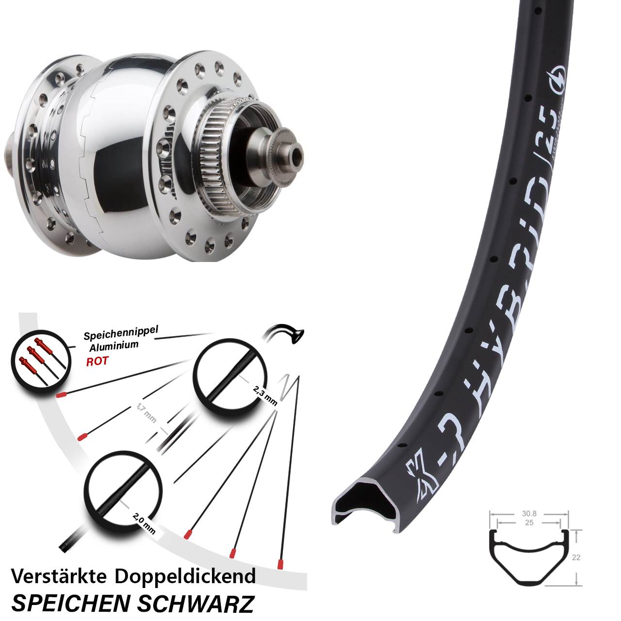 27,5 Zoll KX-R Hybrid 25 SON 28 poliert Dynamo-Vorderrad Centerlock für Schnellspanner