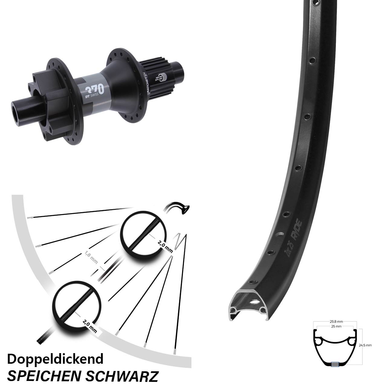 Ryde ZAC 25 DT Swiss 370 28-29 Zoll Disc Laufrad 12x142 Micro Spline