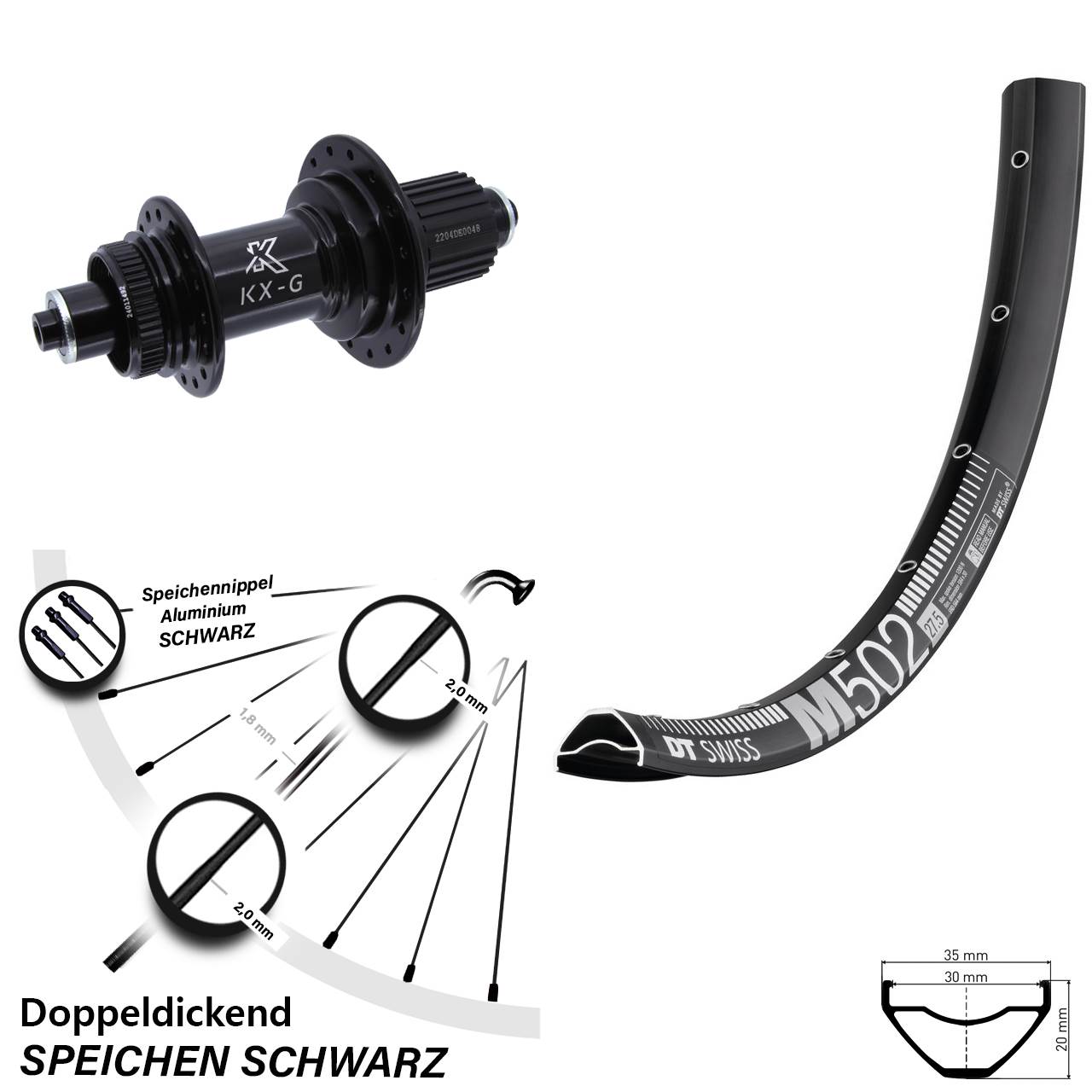 Hinterrad 27,5 Zoll DT Swiss M 502 Disc KX-GS Centerlock Micro Spline schwarz