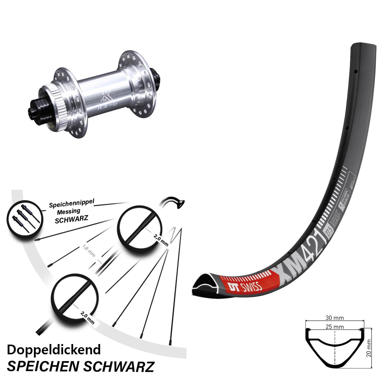 Laufrad 29 Zoll DT Swiss XM 421 Disc KX-G Centerlock 5/100 silbern