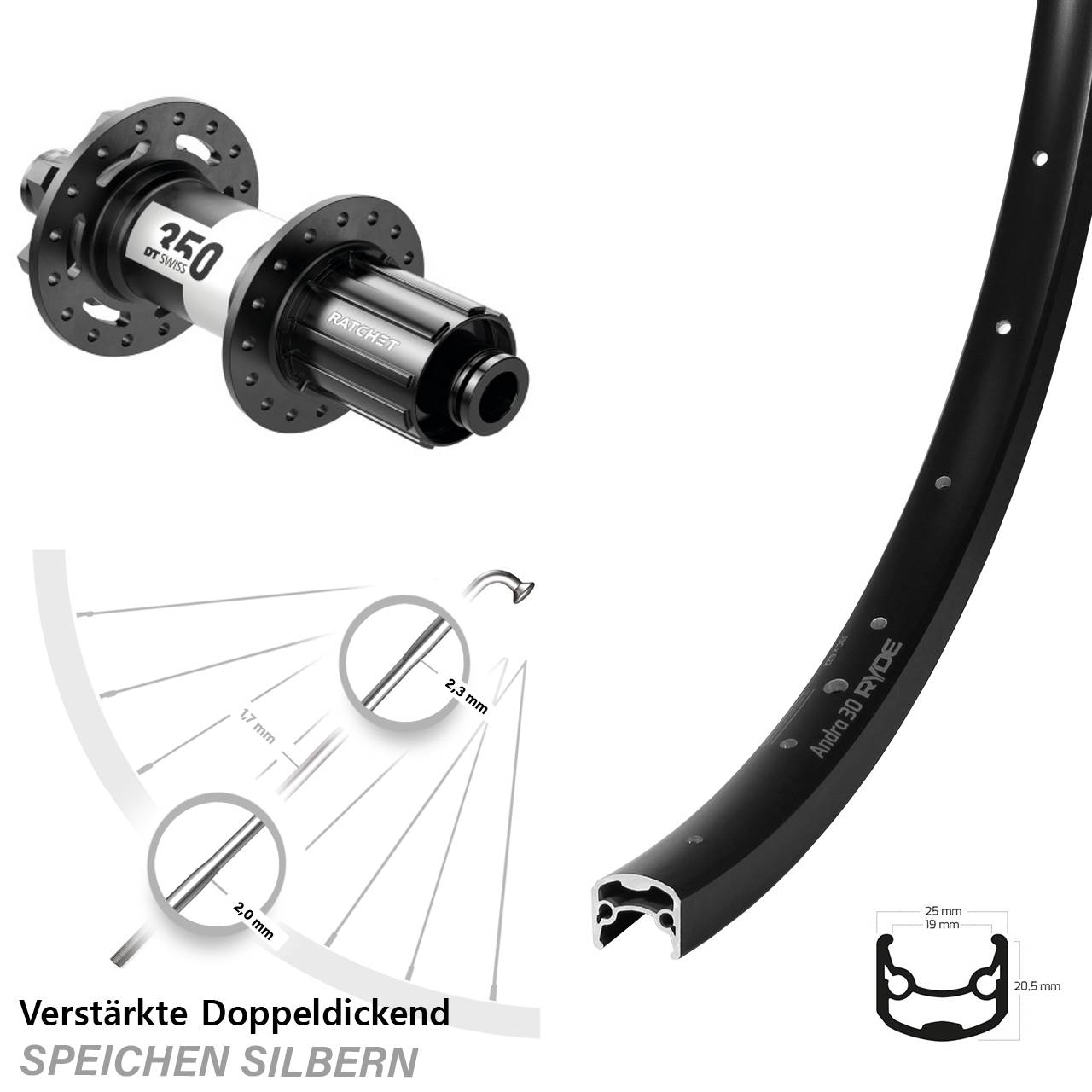 Hinterrad 6-Loch 28 Zoll Ryde Andra 30 Disc DT Swiss 350 8-11 fach 12x142