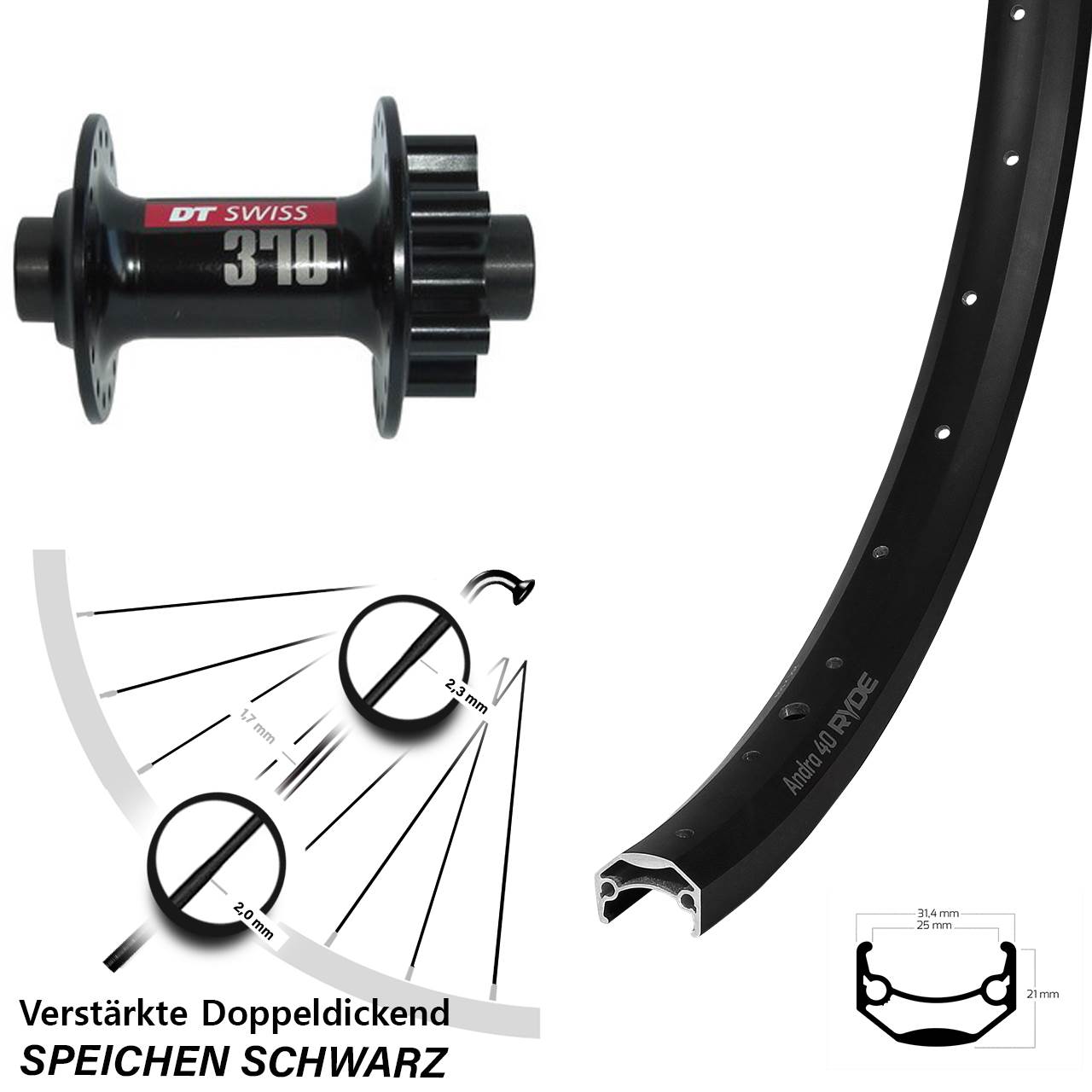 6-Loch Vorderrad 15x100 26 Zoll Ryde Andra 40 DT Swiss 370