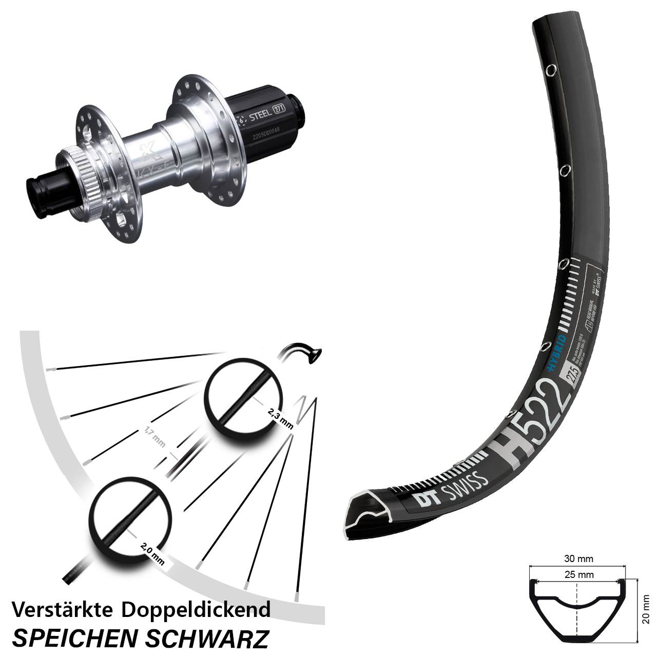 Centerlock Hinterrad 28-29 Zoll DT Swiss H 522 KX-E 6 Kugellager 8-12 fach HG 12x142