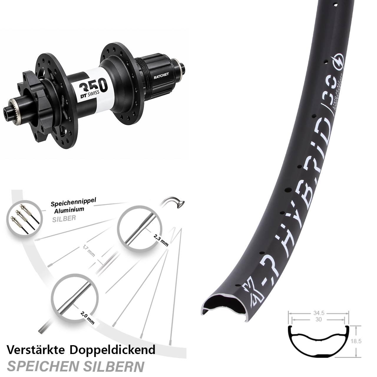 29 Zoll KX-R Hybrid 30 DT Swiss 350 Disc Hinterrad für Schnellspanner XD