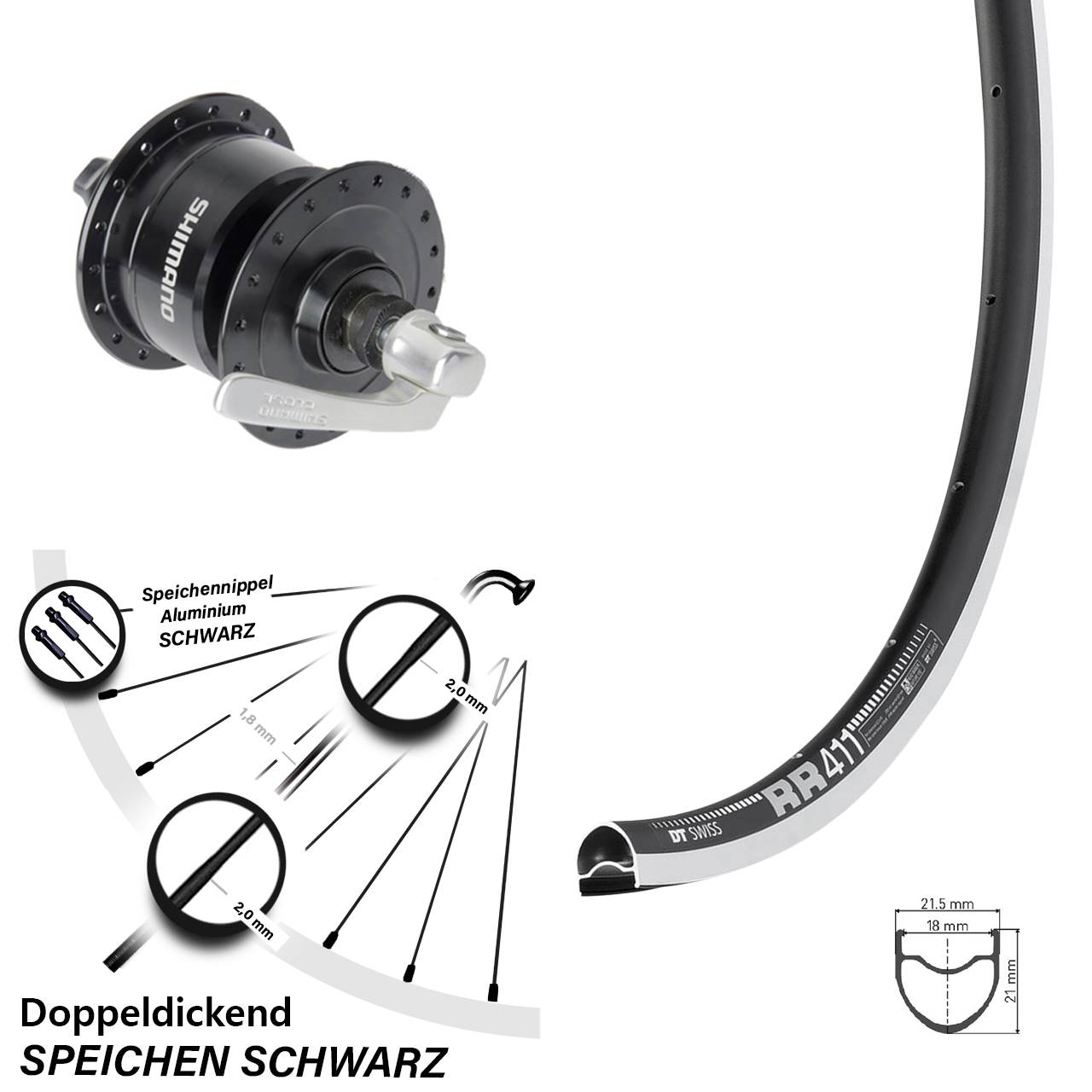 DT Swiss RR 411 Shimano DH3N72 28 Zoll Laufrad mit Nabendynamo für Schnellspanner