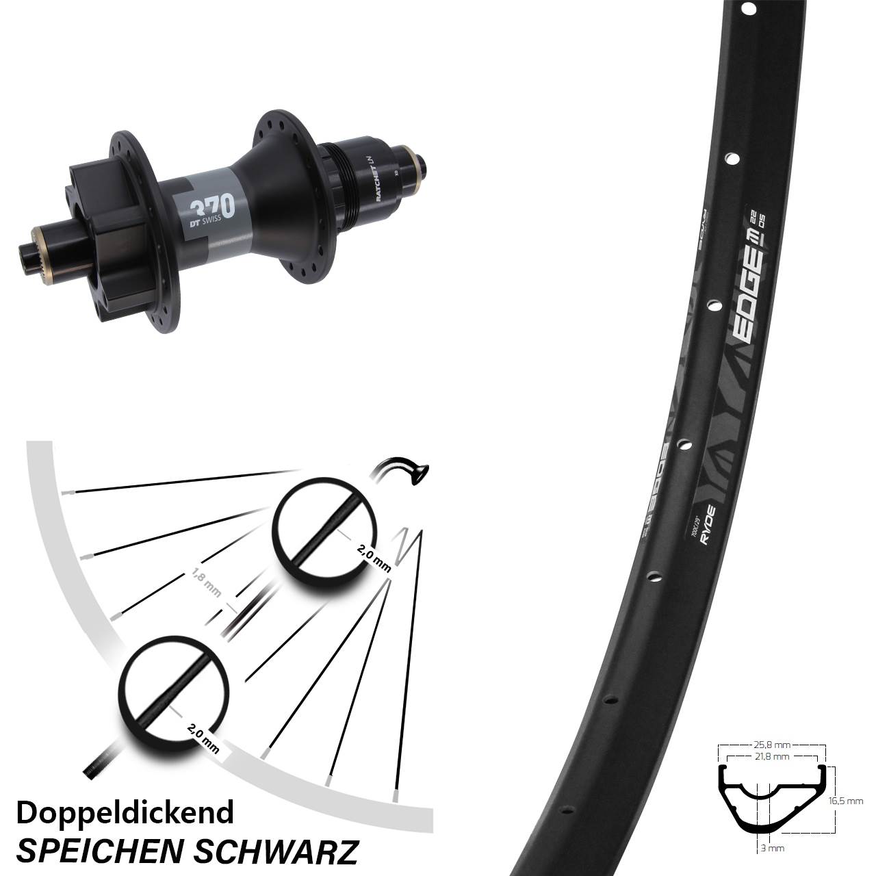 Ryde Edge M22 OS DT Swiss 370 29 Zoll 6-Loch Hinterrad QR XD