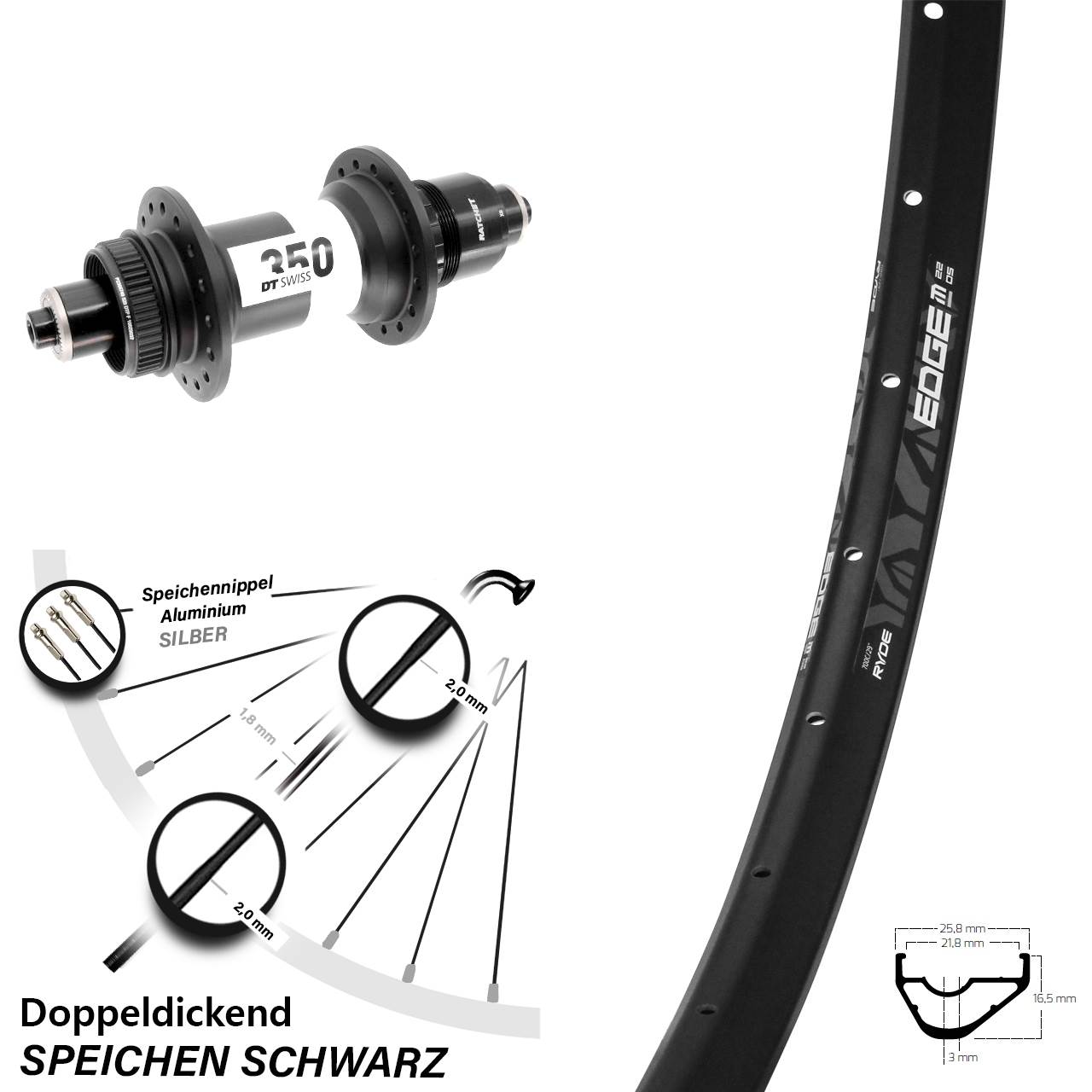 Disc Hinterrad 28-29 Zoll Ryde Edge M22 OS DT Swiss 350 XD 11-12 fach QR Boost