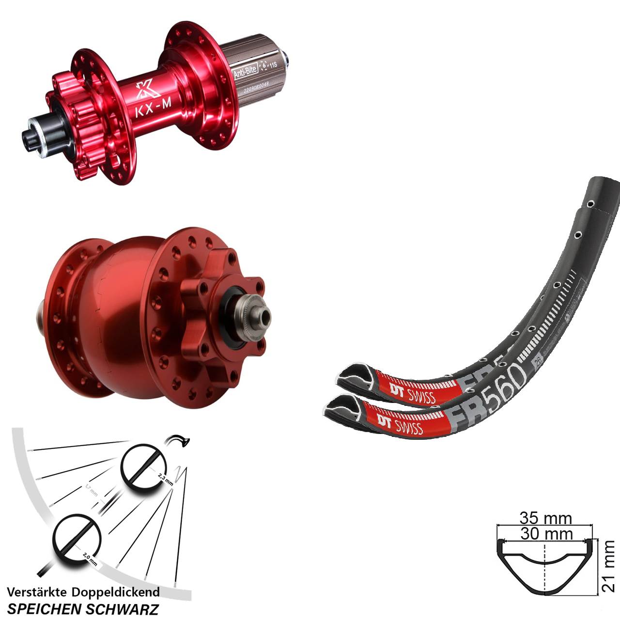 DT Swiss FR560 KX-M rot SON 28 26 Zoll Disc Laufrad-Satz QR 8-12 fach