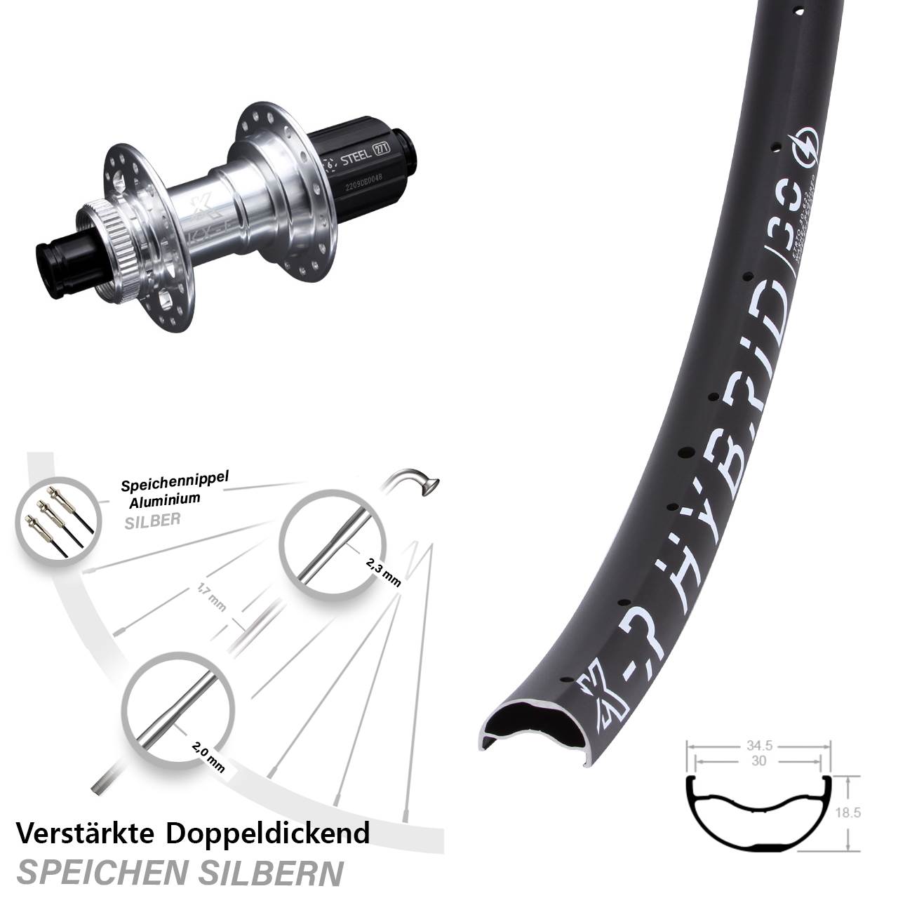 29 Zoll Hinterrad Steckachse silbern eloxiert 11-fach KX-ER Hybrid 30-622 Centerlock