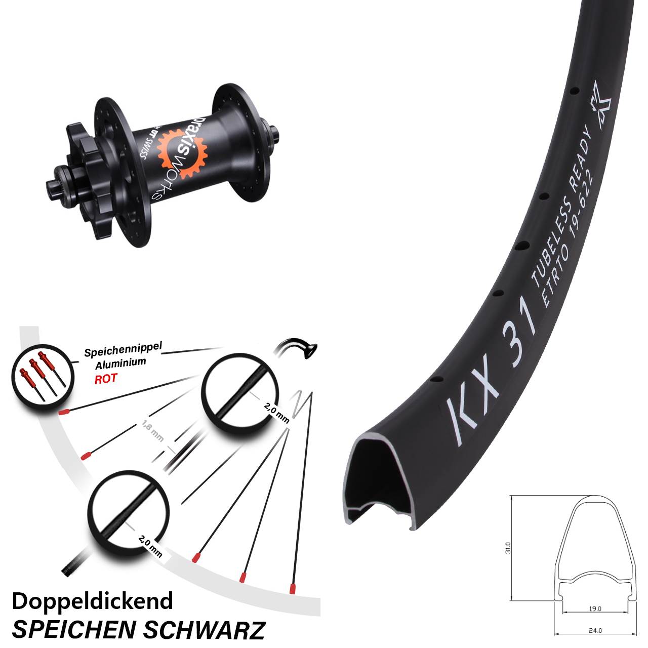 KX 31 DT Swiss 350 28 Zoll 6-Loch Vorderrad QR