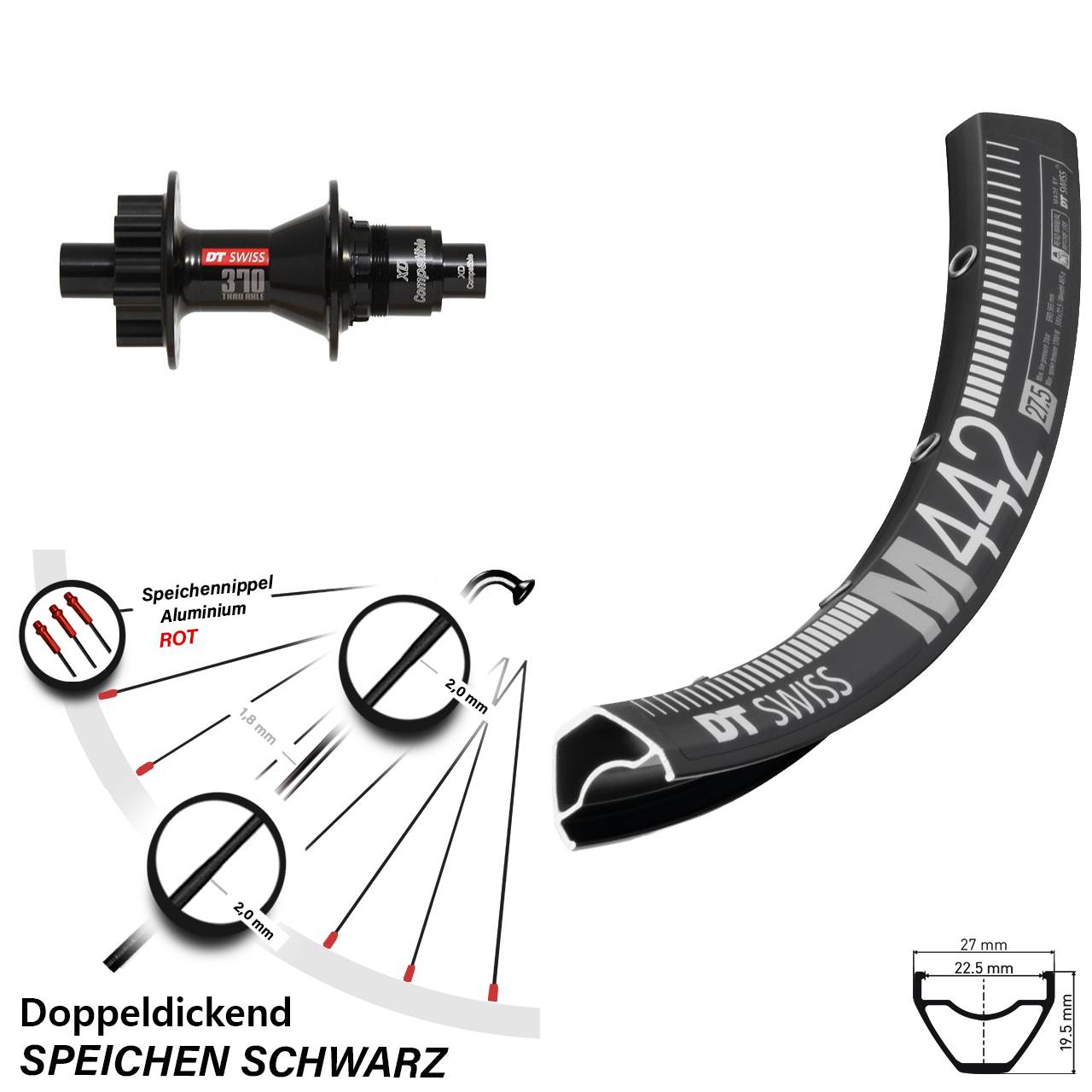 29 Zoll Hinterrad Sram XD 370 DT Swiss M 442 Disc 6-Loch 12x142 mm