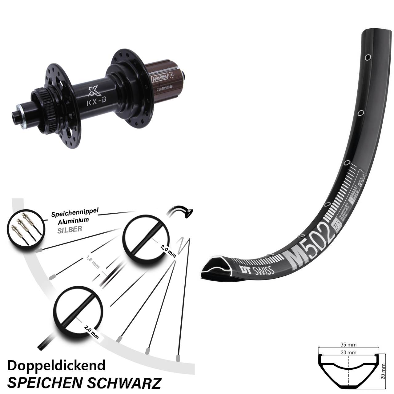DT Swiss M 502 KX-B 27,5 Zoll Hinterrad Centerlock für Schnellspanner Boost 8-12 fach HG