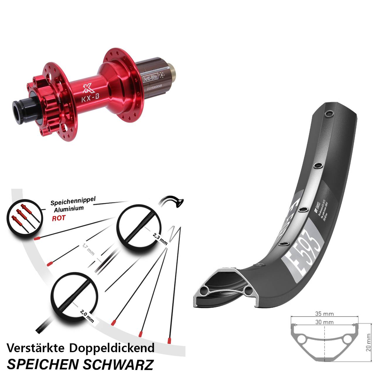 650B DT Swiss E593 KX-B rot Hinterrad 6-Loch 12x148 8-12 fach