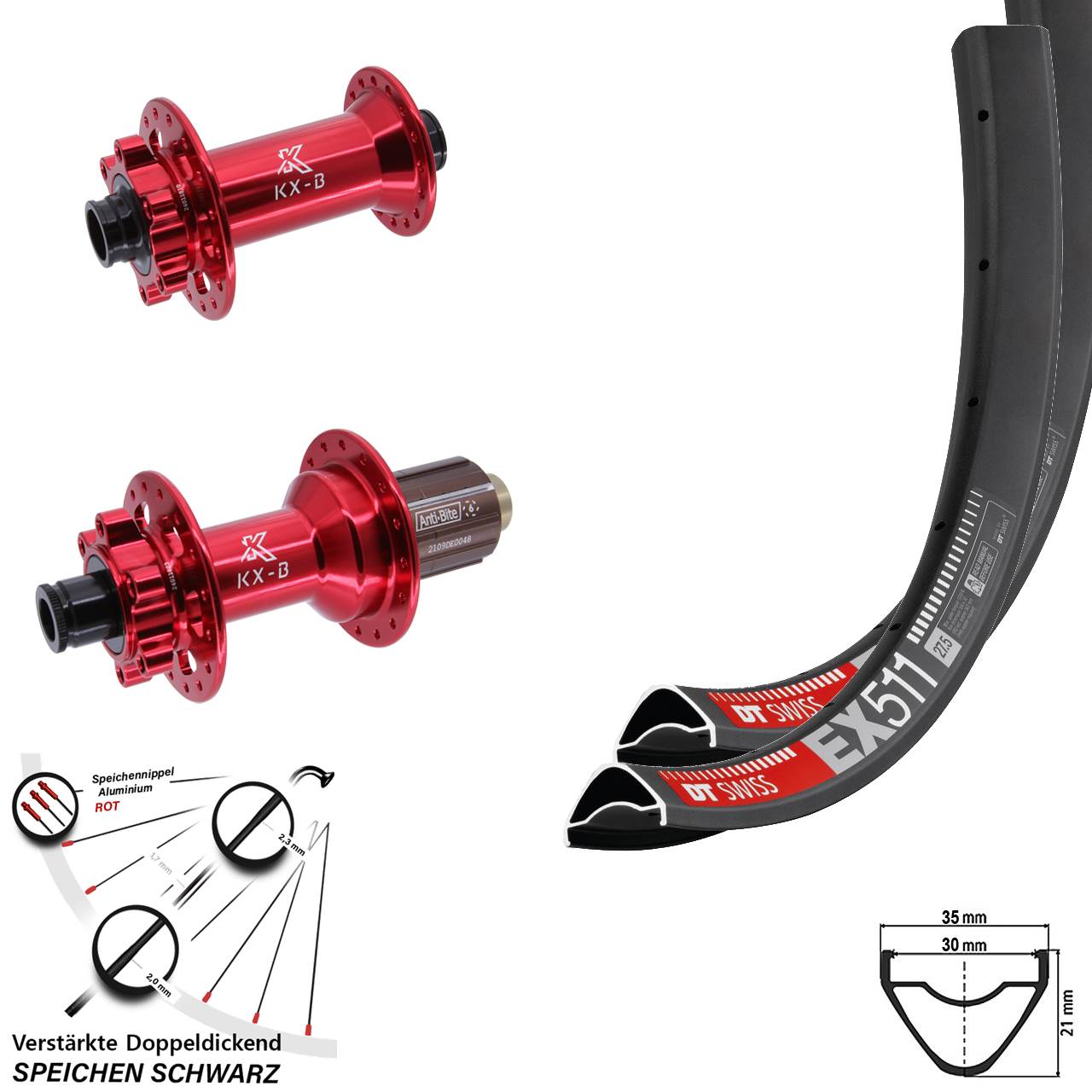 6-Loch Laufradsatz 15x110 12x148 29 Zoll DT Swiss EX511 KX-B rot 8-12 fach