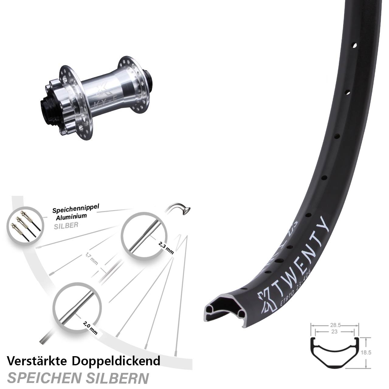 20 Zoll Vorderrad KX-E Twenty Steckachse 15x100 mm 6-Loch silbern verstärkt Cargo light