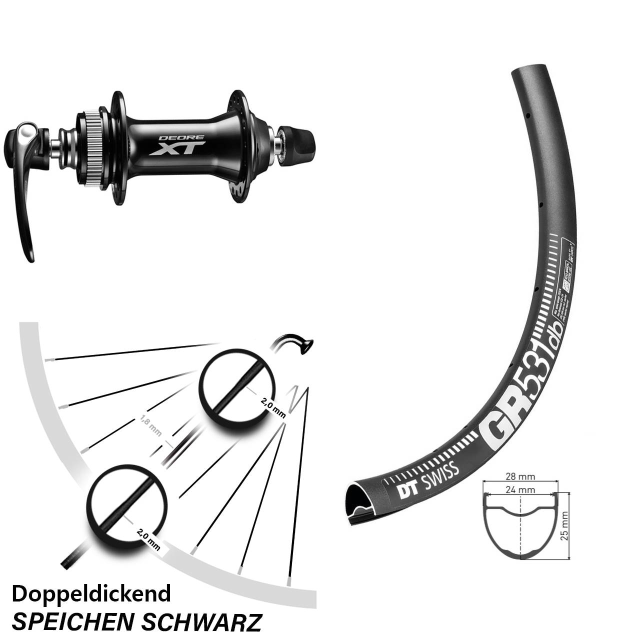Schwarzes 28/29 Zoll Vorderrad DT Swiss GR 531 mit Shimano XT HB-M8000