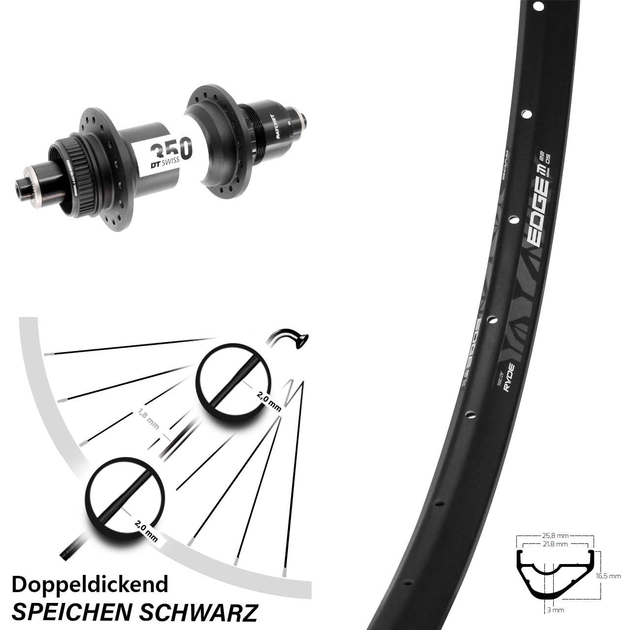 Disc Hinterrad 28-29 Zoll Ryde Edge M22 OS DT Swiss 350 XD 11-12 fach QR Boost