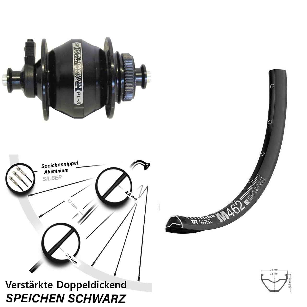 Disc Nabendynamo-Laufrad 27,5 Zoll DT Swiss M 462 Shutter PL-8 für Schnellspanner