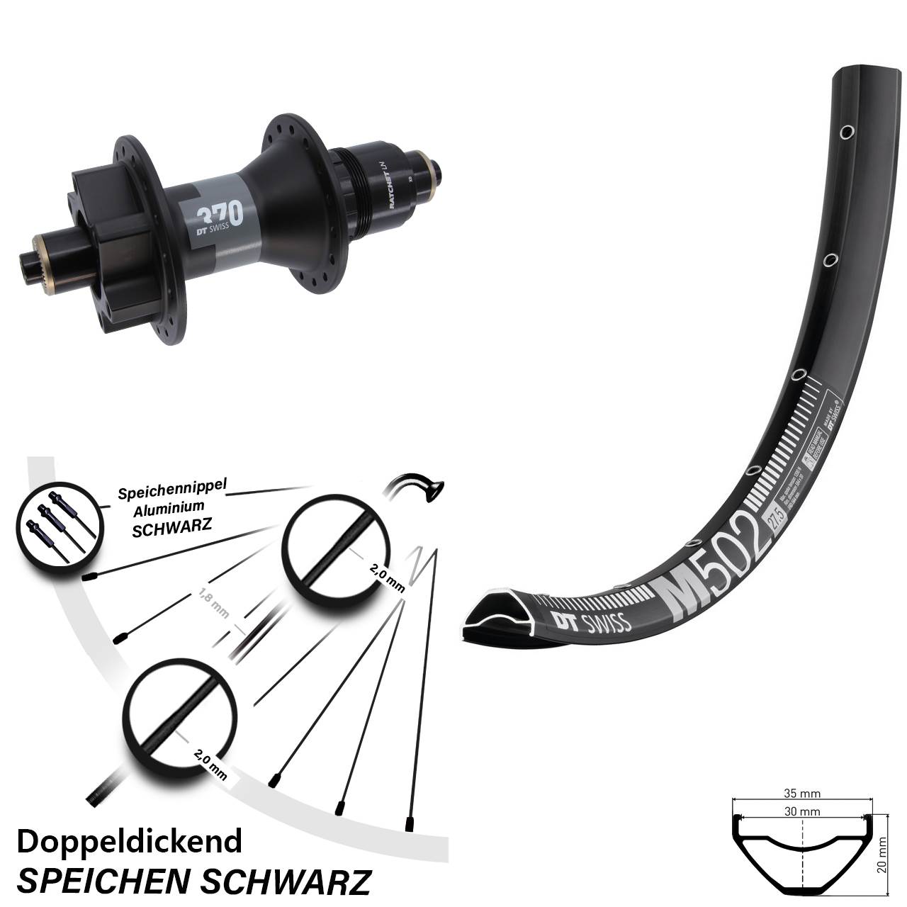 DT Swiss M 502-370 27,5 Zoll Disc Laufrad für Schnellspanner XD