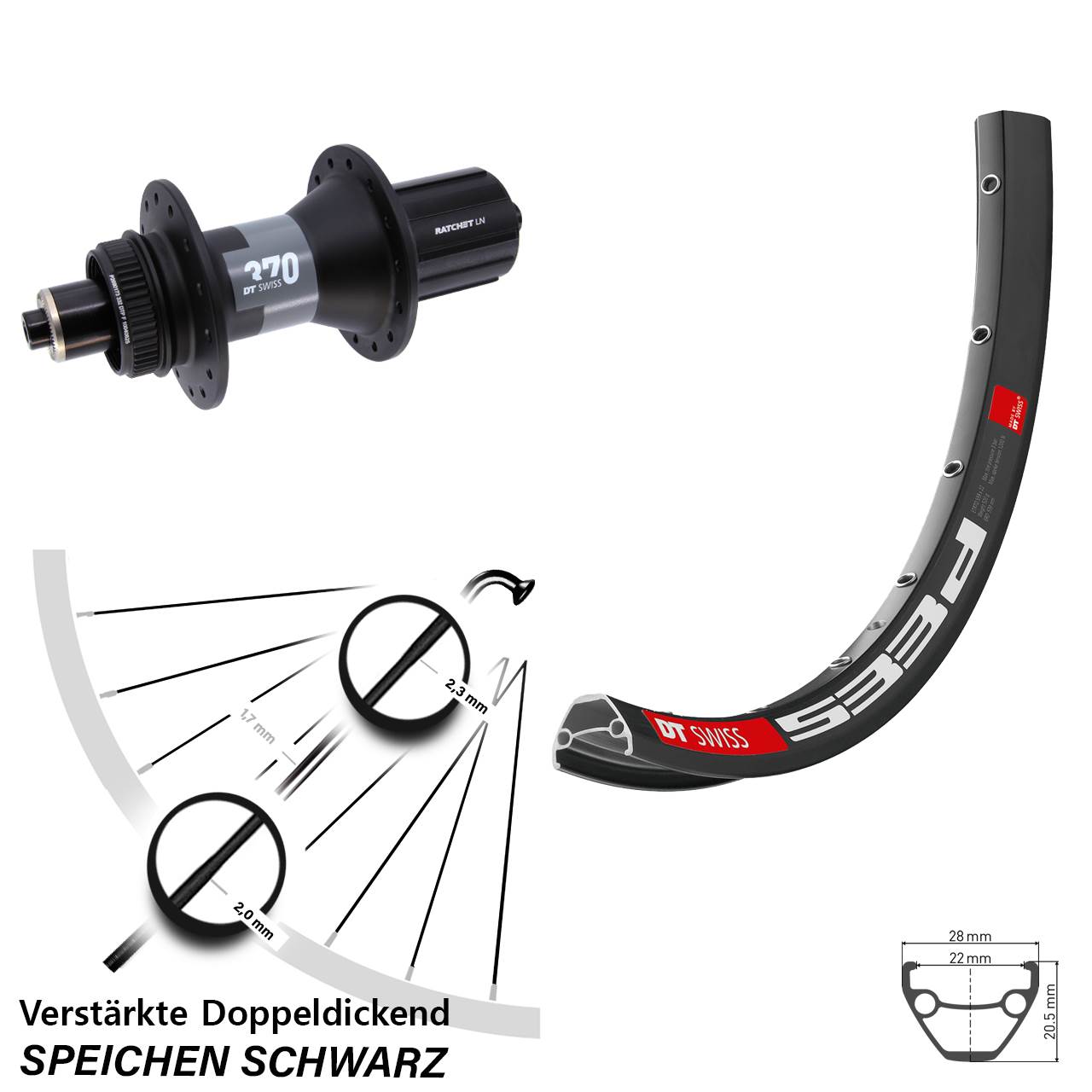 28-29 Zoll DT Swiss 533d-370 Disc Hinterrad für Schnellspanner 8-12 fach