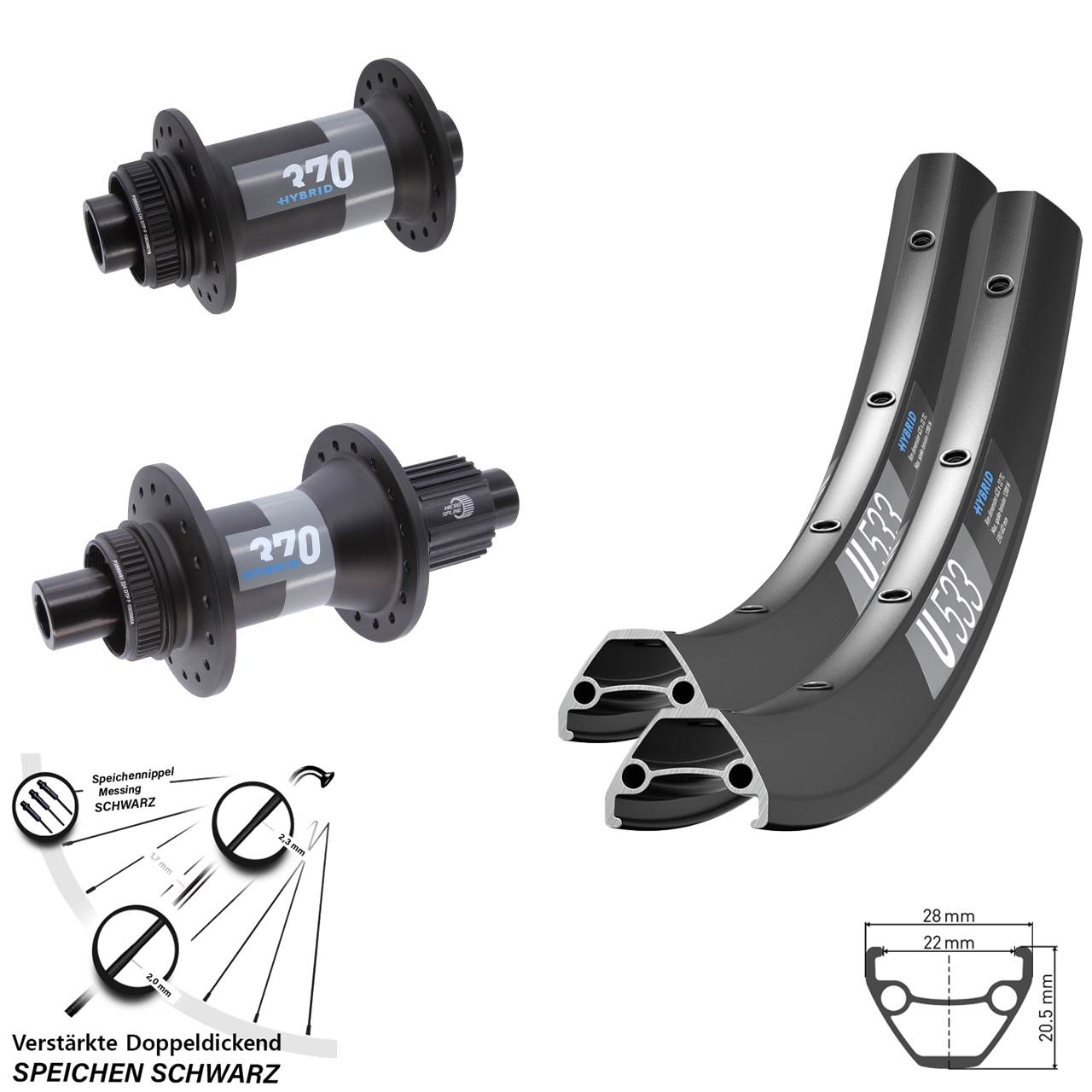 DT Swiss U 533-370 Hybrid 27,5 Zoll Centerlock Laufradsatz 15x110 12x148 Micro Spline