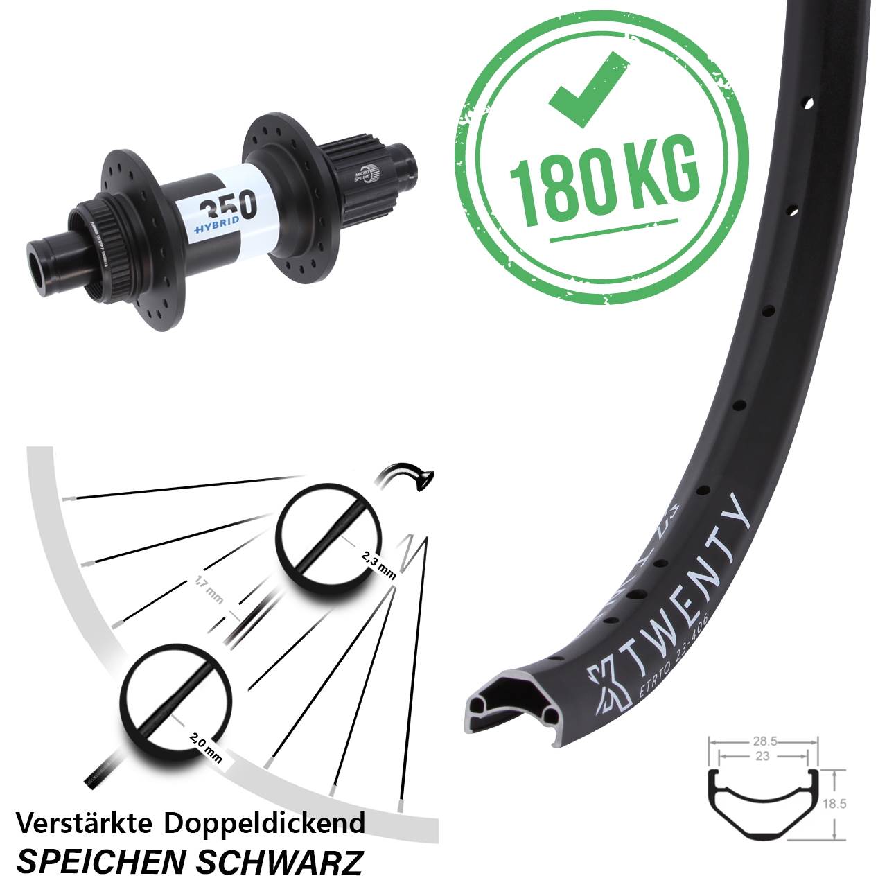 Hinterrad 20 Zoll KX Twenty DT Swiss Hybrid 350 Shimano Micro Spline Boost