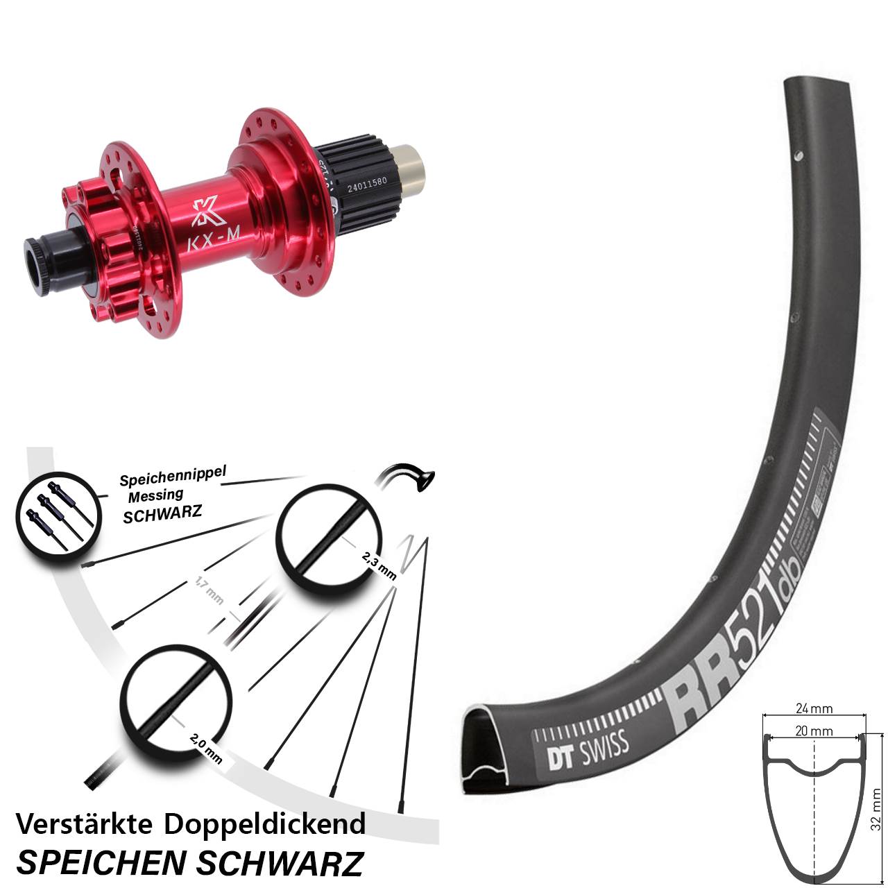 28 Zoll DT Swiss RR 521 KX-M rot 6-Loch Hinterrad 12x142 Shimano Micro Spline