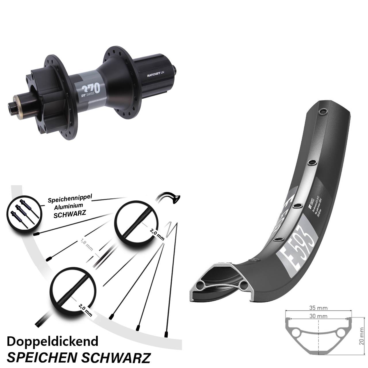 29 Zoll DT Swiss E 593 370 6-Loch Hinterrad für Schnellspanner 8-11 fach