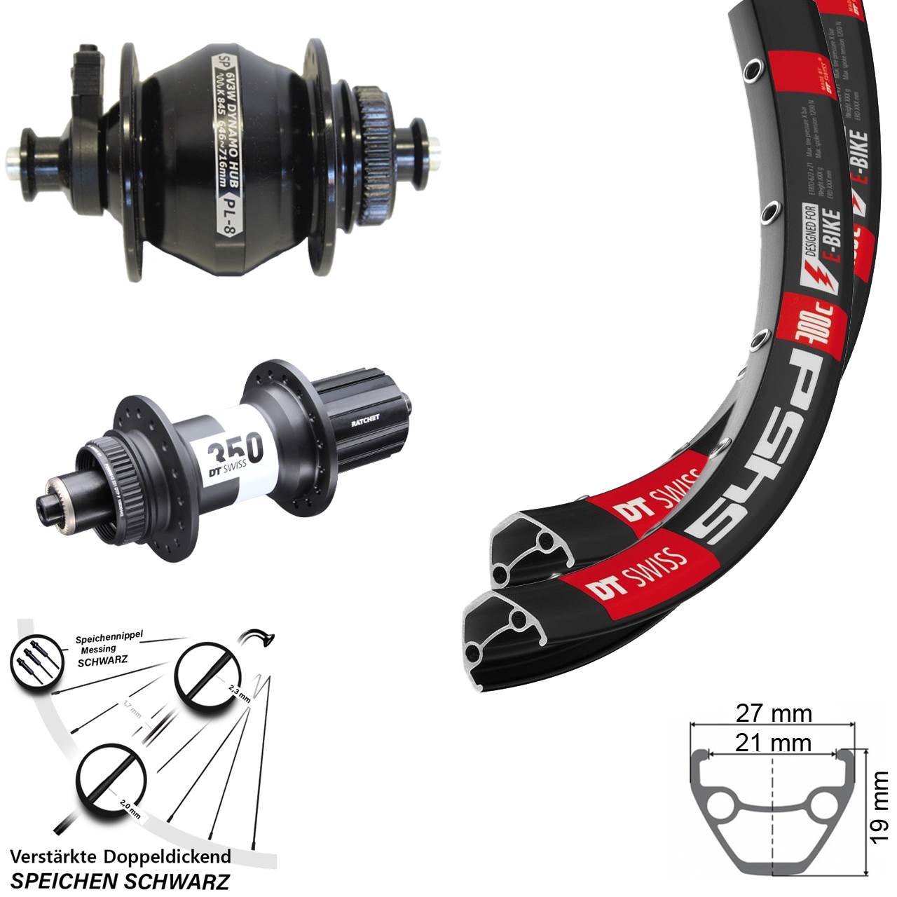 26 Zoll DT Swiss 545-350 Shutter PL-8 Laufradsatz für Schnellspanner 8-11 fach