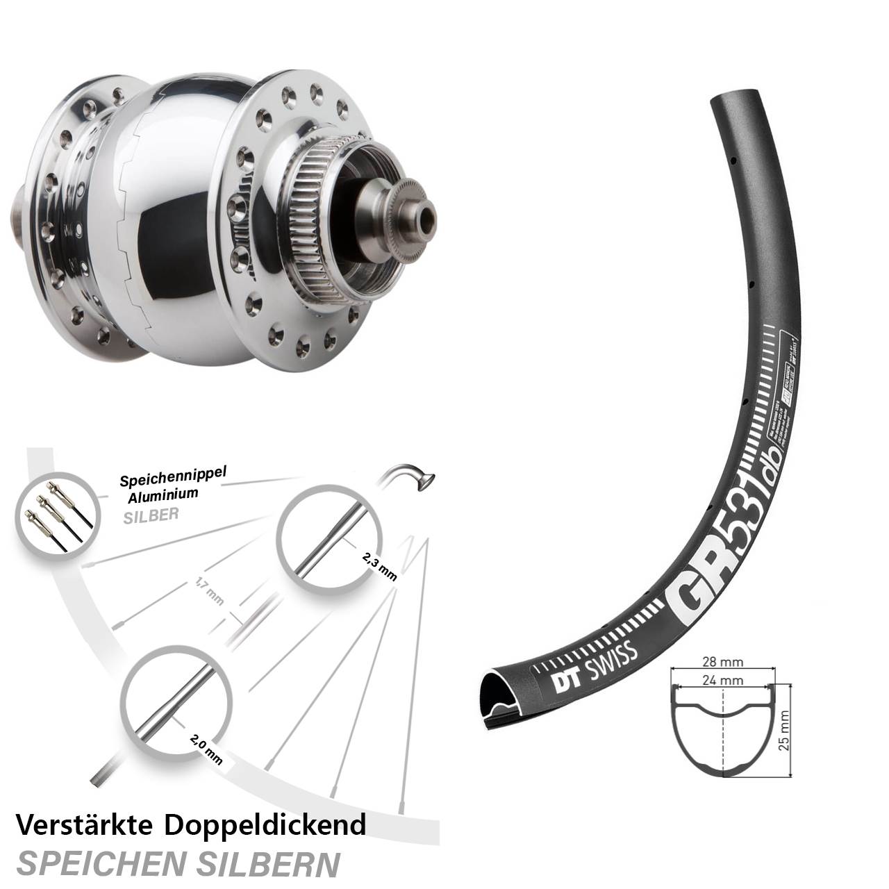 Nabendynamovorderrad Centerlock für Schnellspanner 28 Zoll DT Swiss GR 531 SONdelux