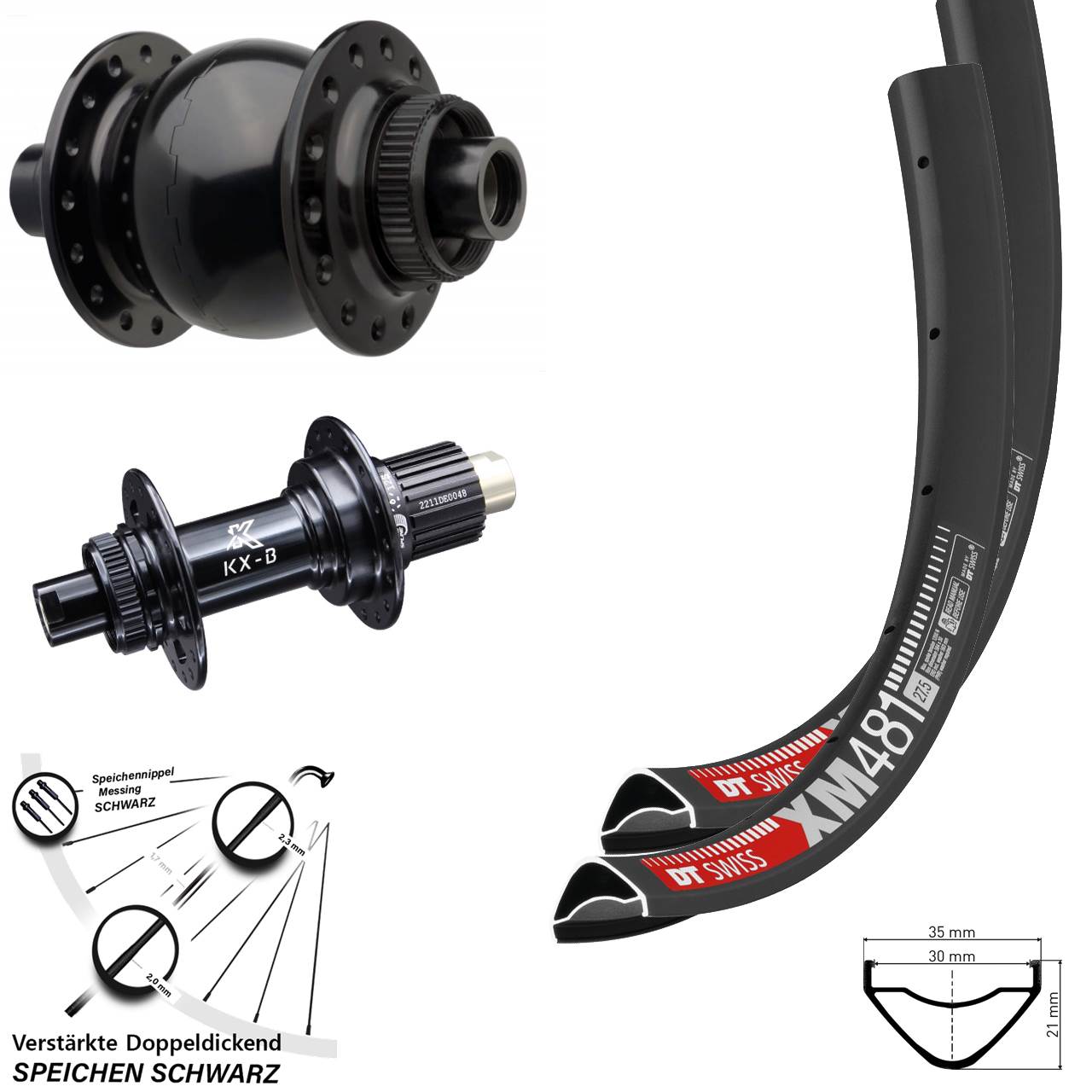 27,5 Zoll DT Swiss XM481 KX-B SON 28 Laufradsatz 15x110 12x148 Micro Spline