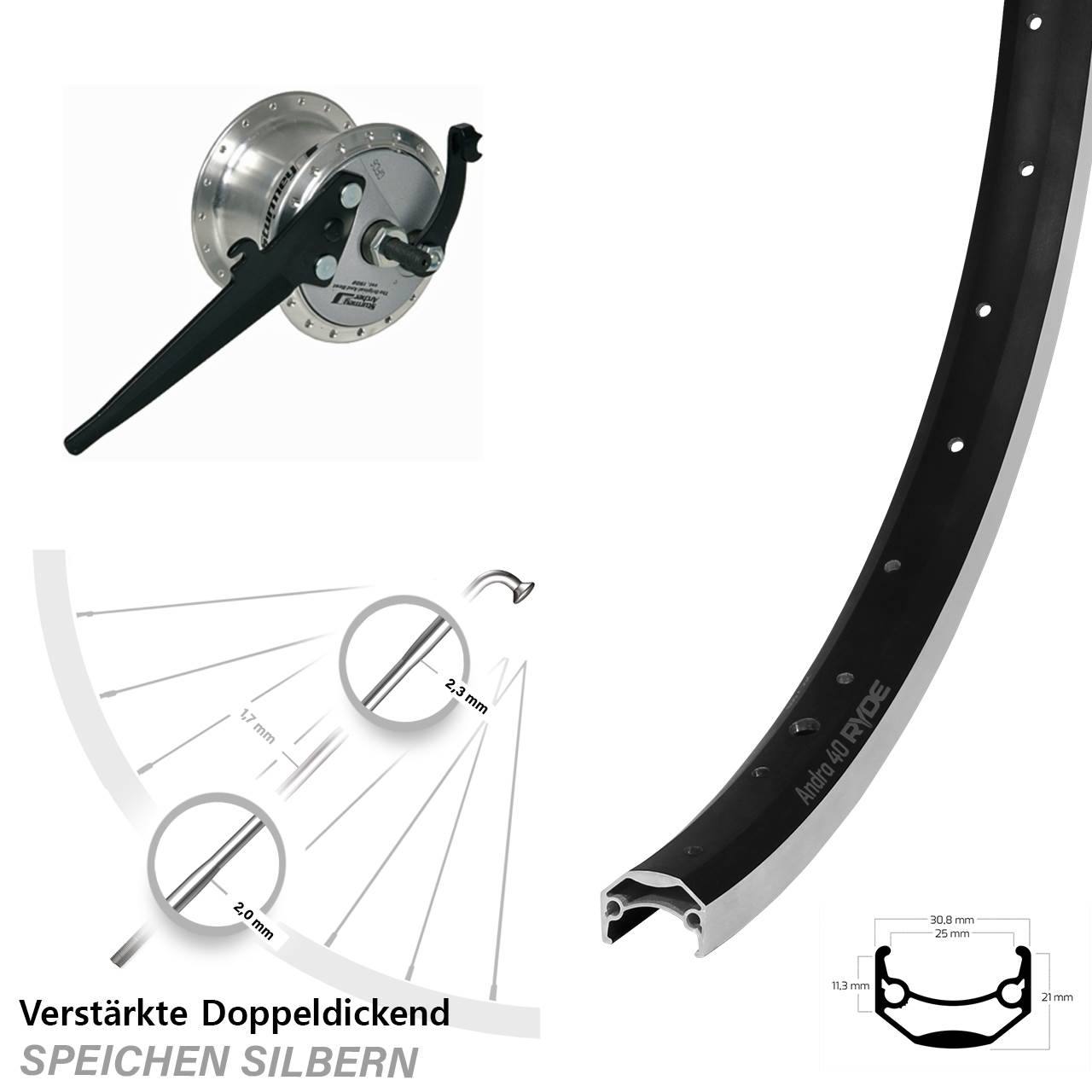 Nabendynamo-Vorderrad 20 Zoll Ryde Andra 40 Sturmey Archer X-FDD 189 Vollachse