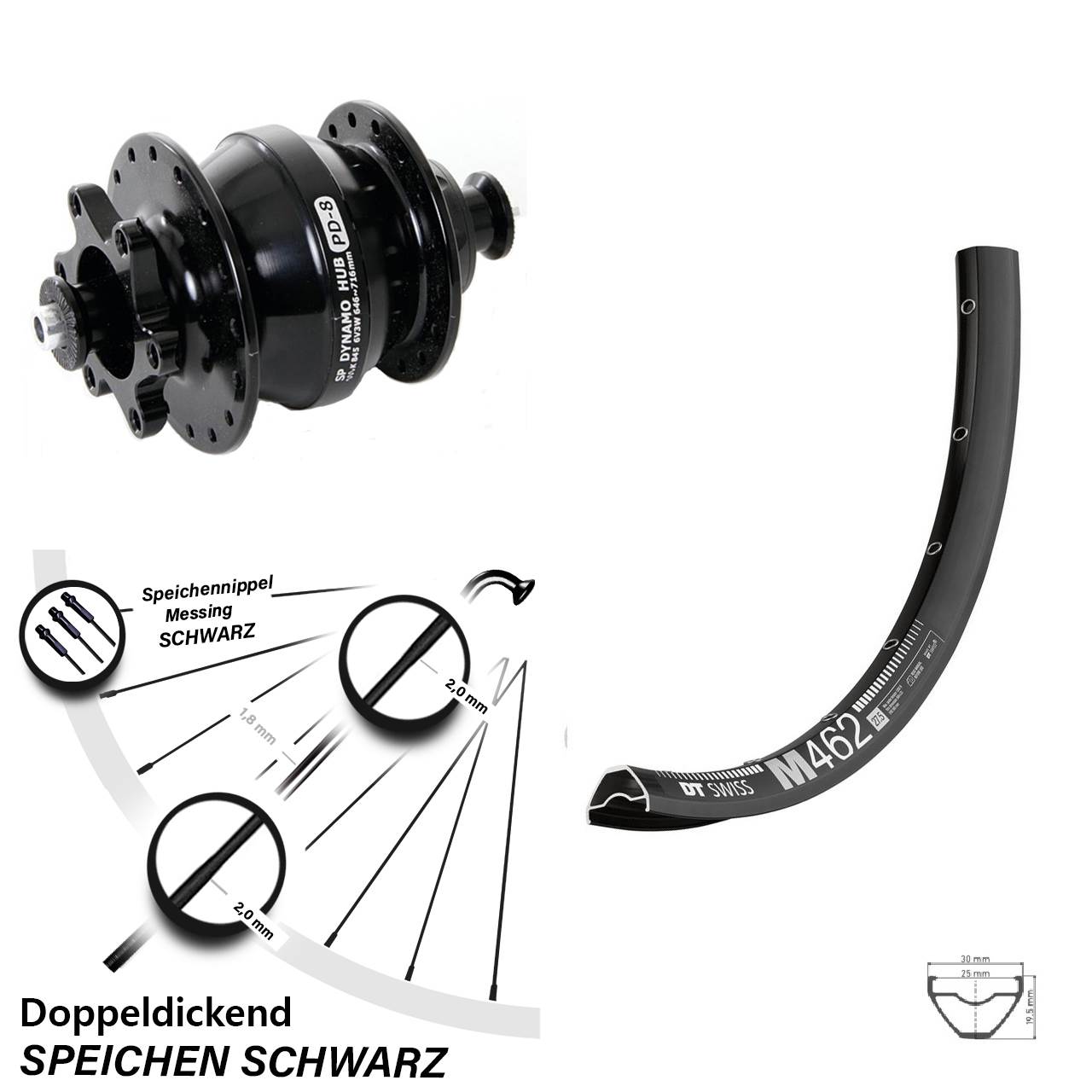 27,5 Zoll DT Swiss M 462 Shutter Precision PD-8 Disc Nabendynamolaufrad für Schnellspanner