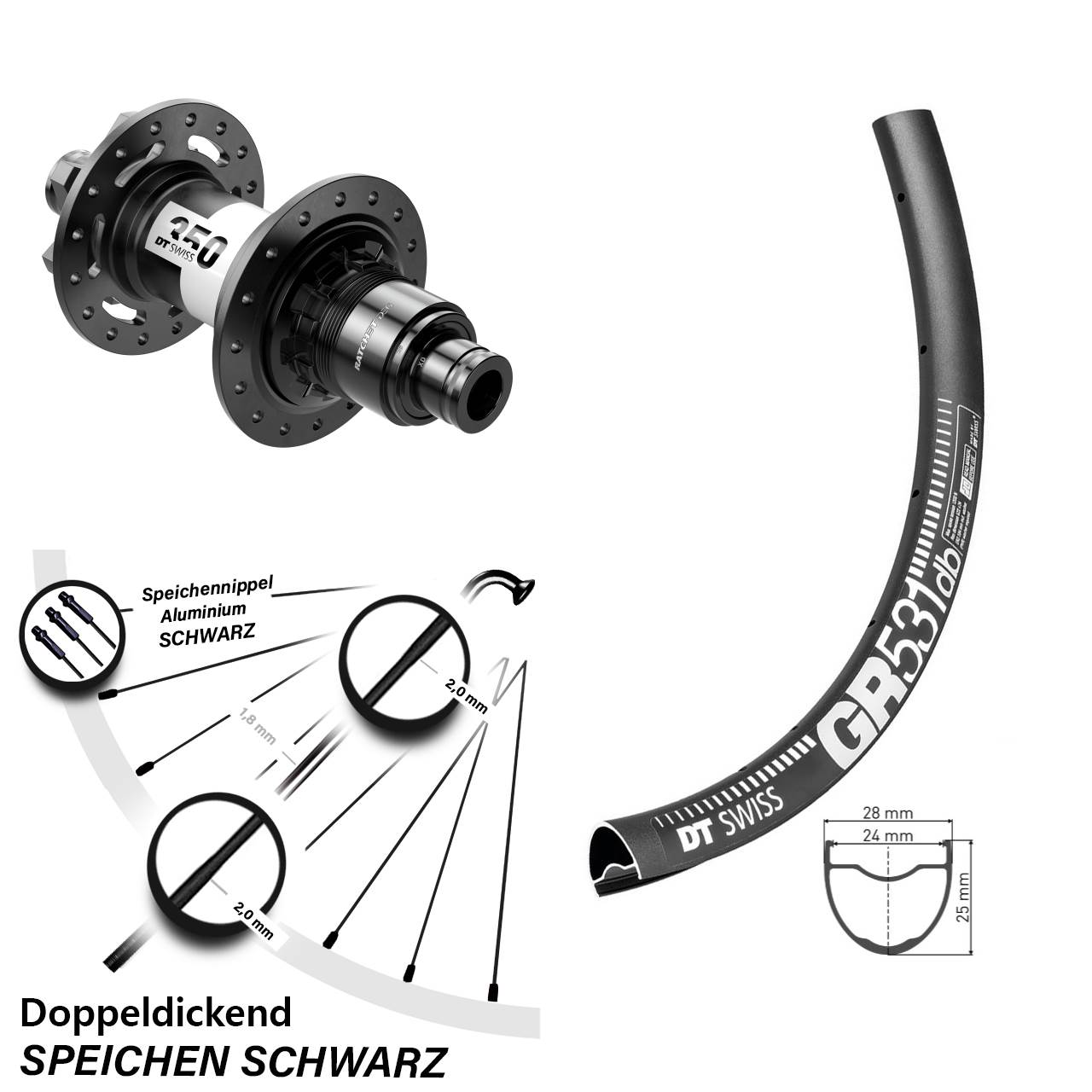 29 Zoll DT Swiss GR531 350 DEG 72 6-Loch Hinterrad 12x148 XD