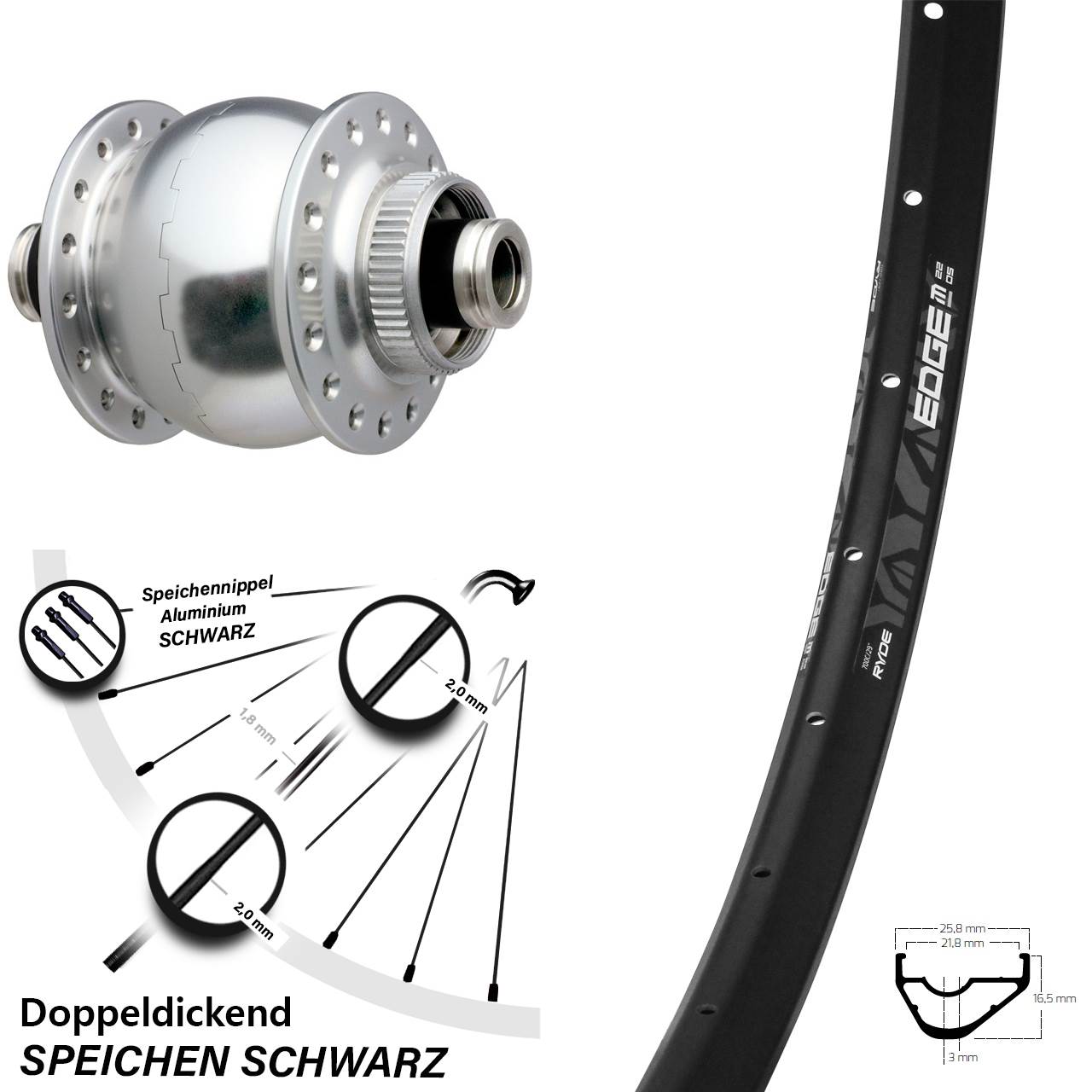Disc Nabendynamo-Laufrad 28 Zoll Ryde Edge M22 SON delux 12x100