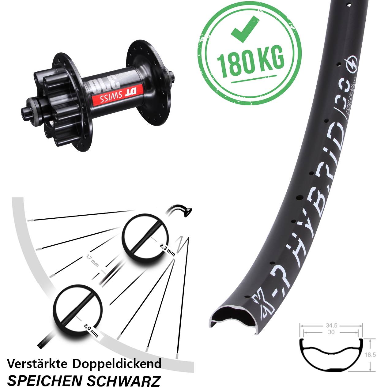 6-Loch Vorderrad für Schnellspanner 29 Zoll KX-R Hybrid 30 DT Swiss 370